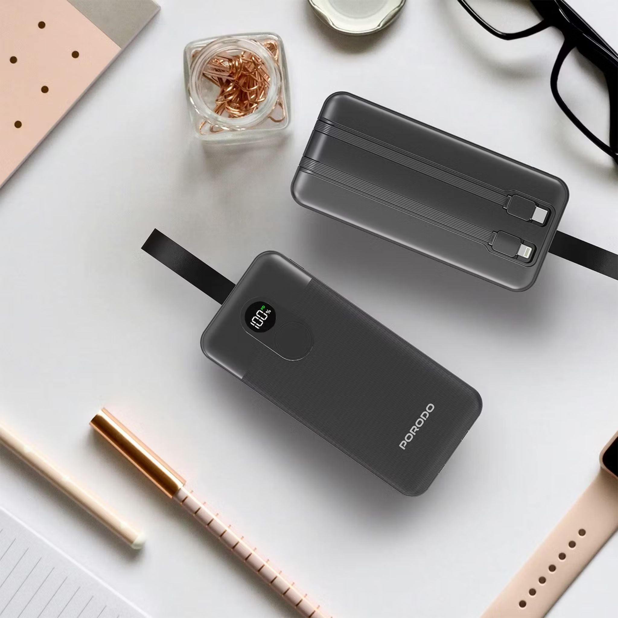 Porodo 50000mAh Power Bank with Built-in Type-C & Lightning Cables, 22.5W Power Delivery, Simultaneous Charging, 0%-60% Charge in 35 Minutes, Digital Display - Black