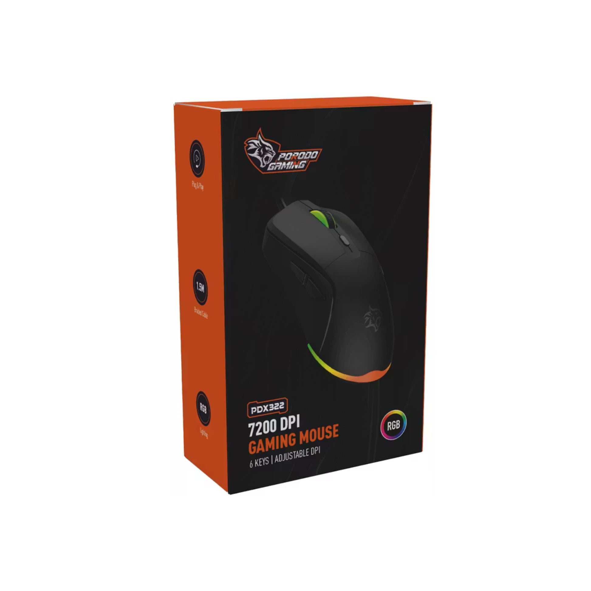 Gaming mouse packaging with orange and black design on a white background