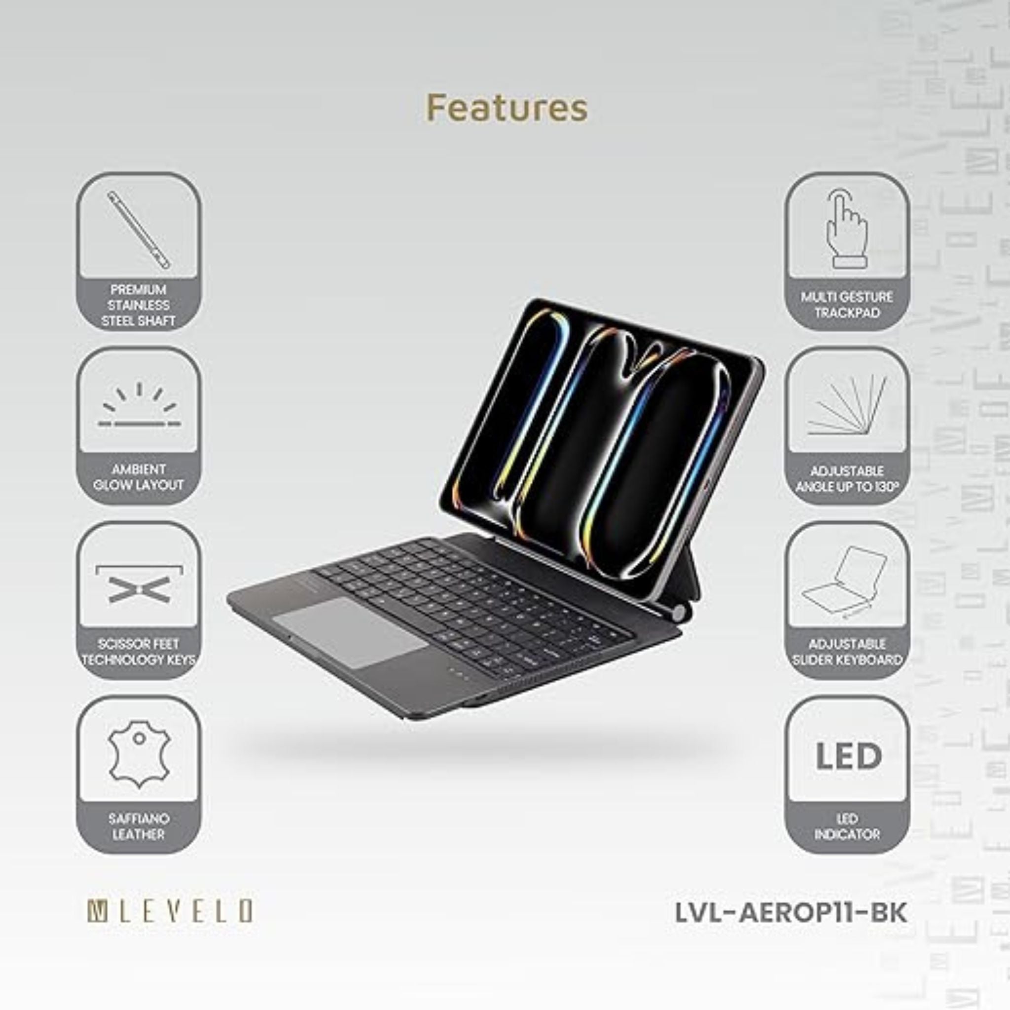 Levelo AeroBoard Pro Saffiano Leather Wireless Keyboard for iPad Pro 11", 4H Working Time, 500mAh Battery, Adjustable Angle Up to 130°, 10M Connection Distnace, Trackpad, 7 Color Light Mode - Black