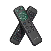 Two black remote controls with green and blue buttons on a white background