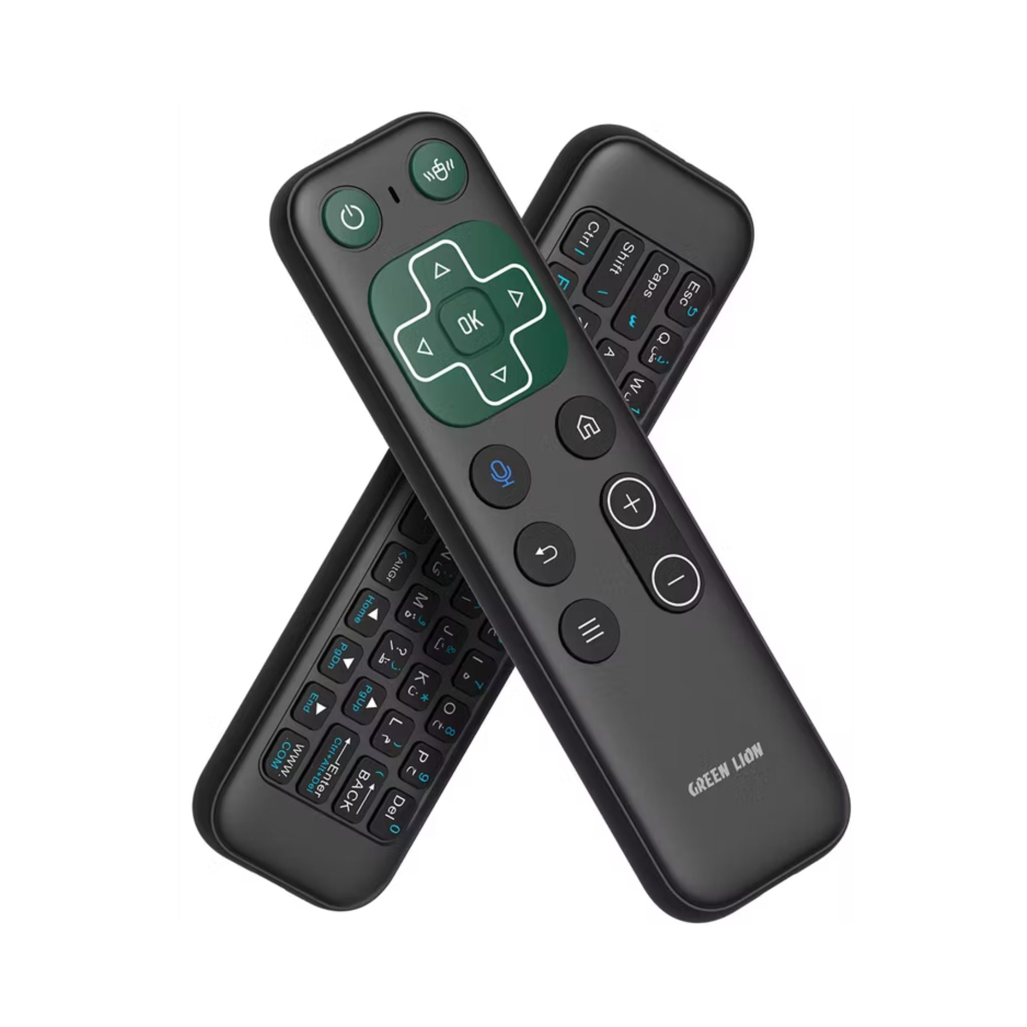 Two black remote controls with green and blue buttons on a white background