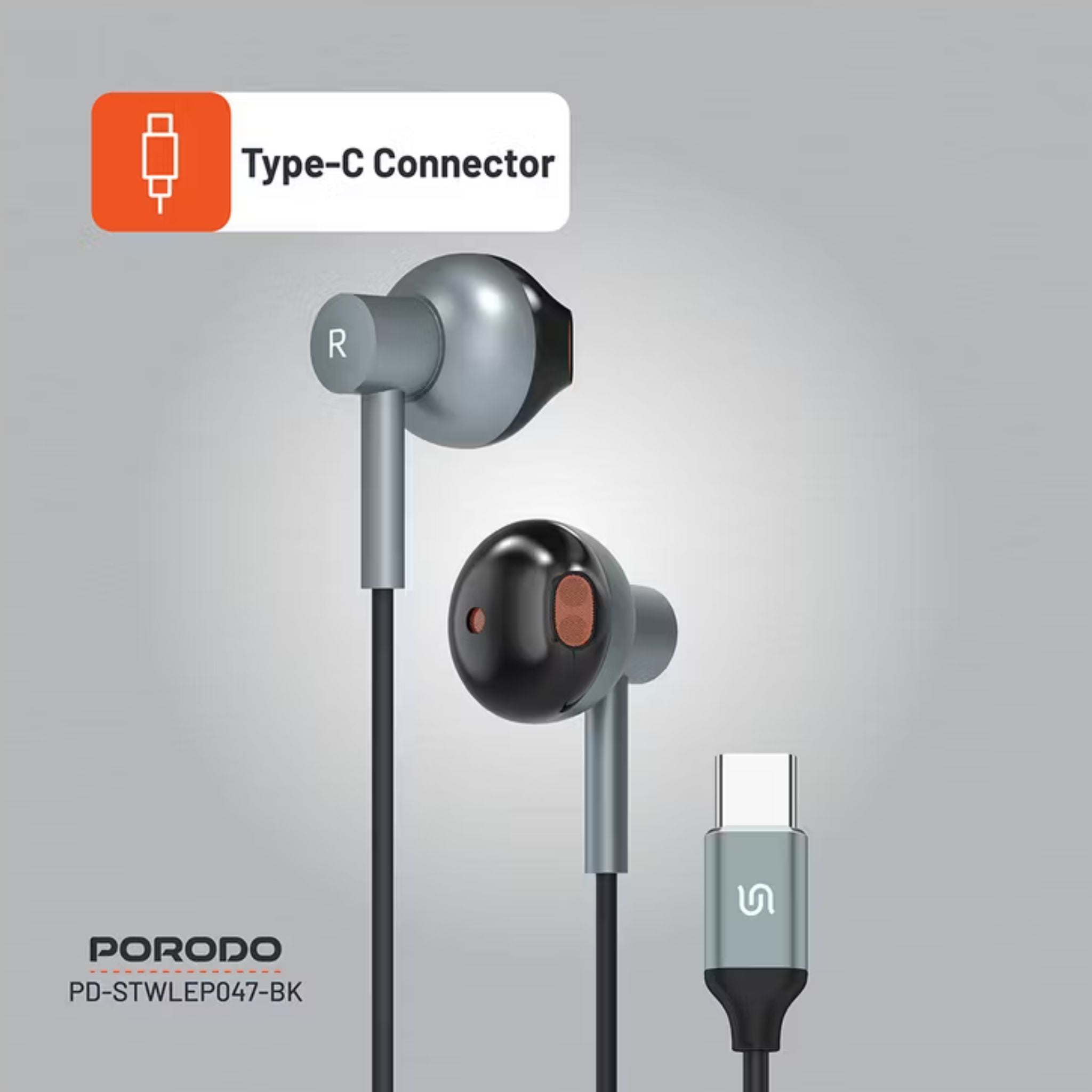 Porodo Soundtec Stereo Earphones with High-Clarity Microphone, Crisp Audio, Type-C Connector, Answer & Close Call, Three-Button Control - Black