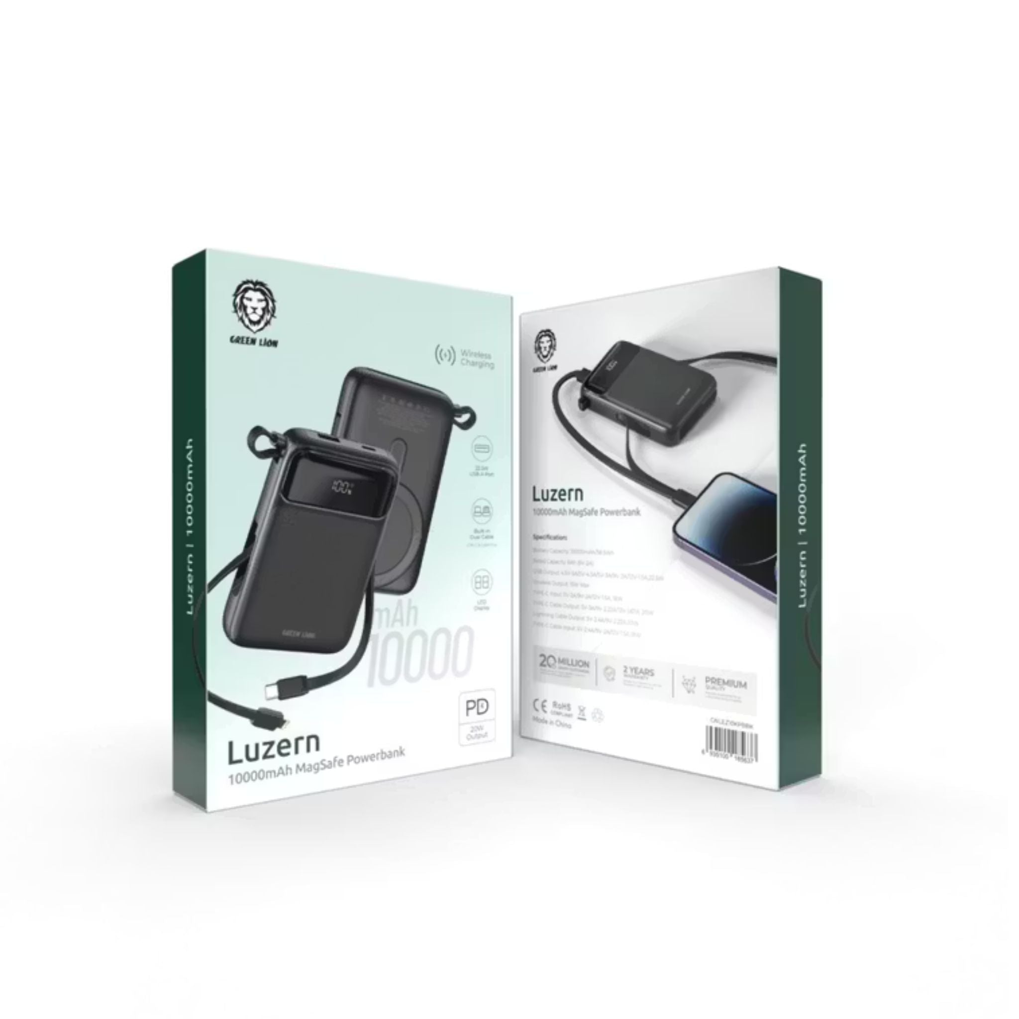Green Lion Luzern 10000mAh MagSafe Power Bank, Lightweight, LED Display, Built-in Dual Cable USB-C & Lightning, 22.5W USB-A Port, 20W Power Delivery, Up to 15W Wireless Output - Black