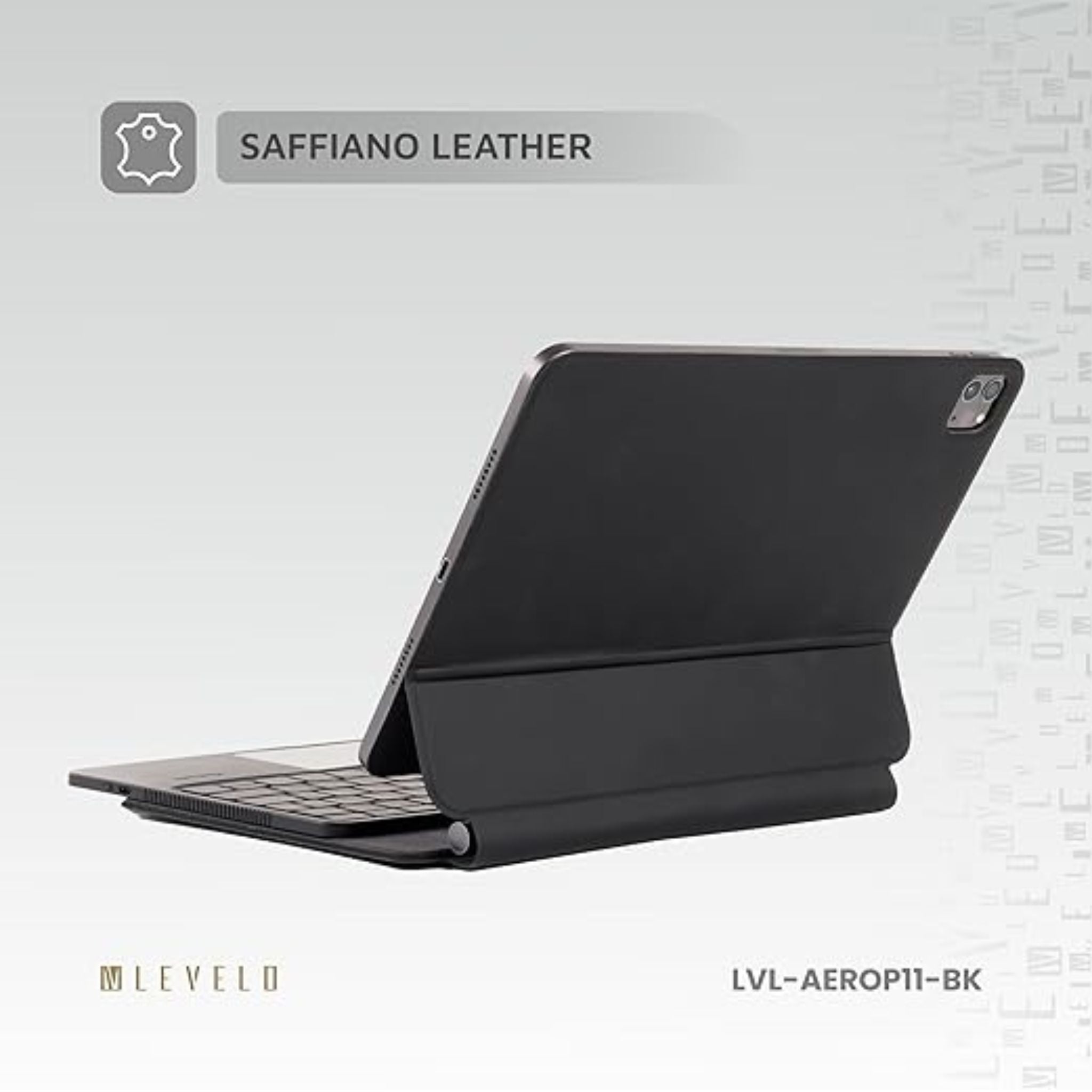 Levelo AeroBoard Pro Saffiano Leather Wireless Keyboard for iPad Pro 11", 4H Working Time, 500mAh Battery, Adjustable Angle Up to 130°, 10M Connection Distnace, Trackpad, 7 Color Light Mode - Black
