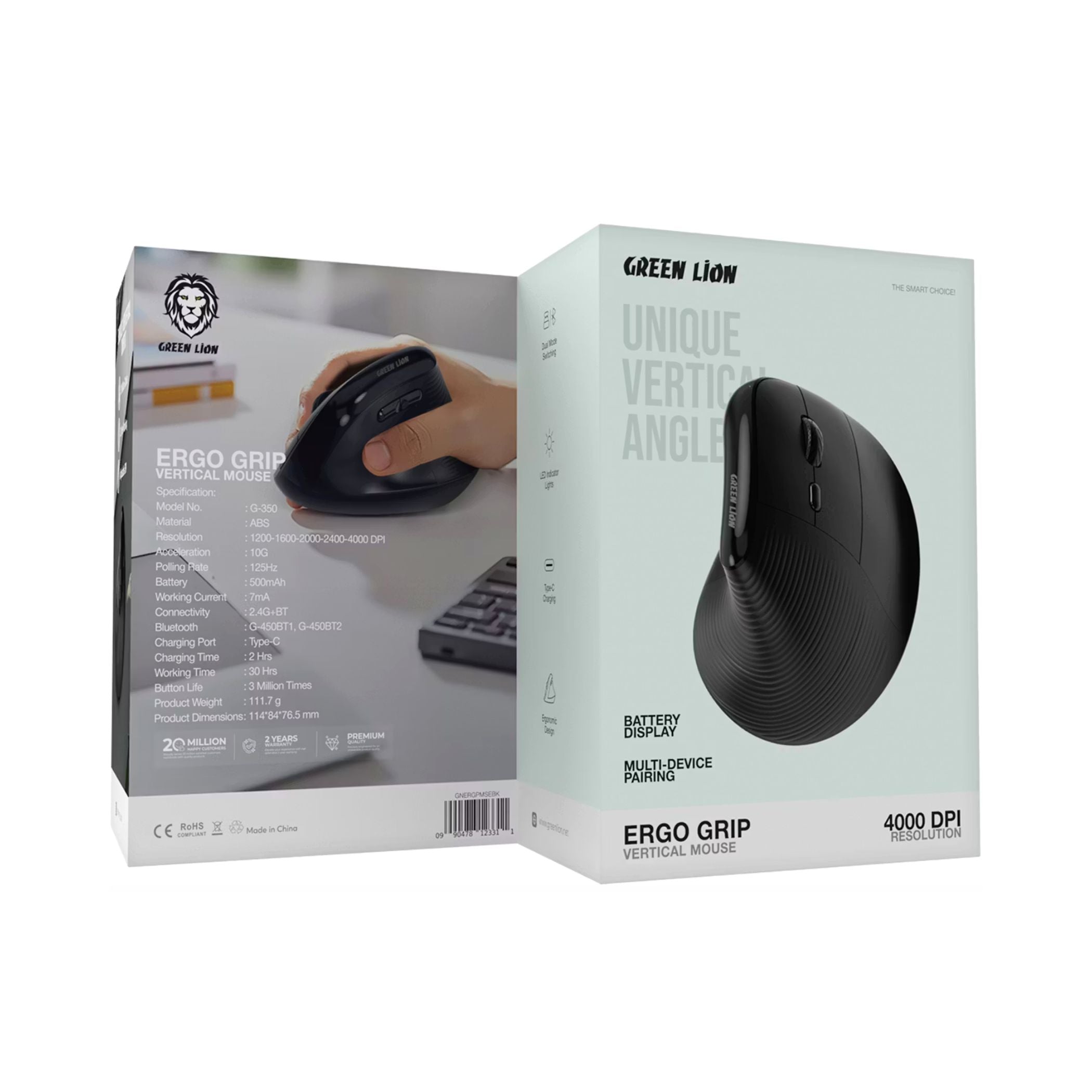 Green Lion Ergo Grip Vertical Mouse with Adjustable DPI, Multi-Device Pairing, 2 Hours Charging Time, 30 Hours Working Time, 60cm Type-C Cable Length, 10m Transmission Distance - Black
