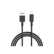 A black Porodo USB A to Lightning charging cable, 3 meters in length, with PVC material.