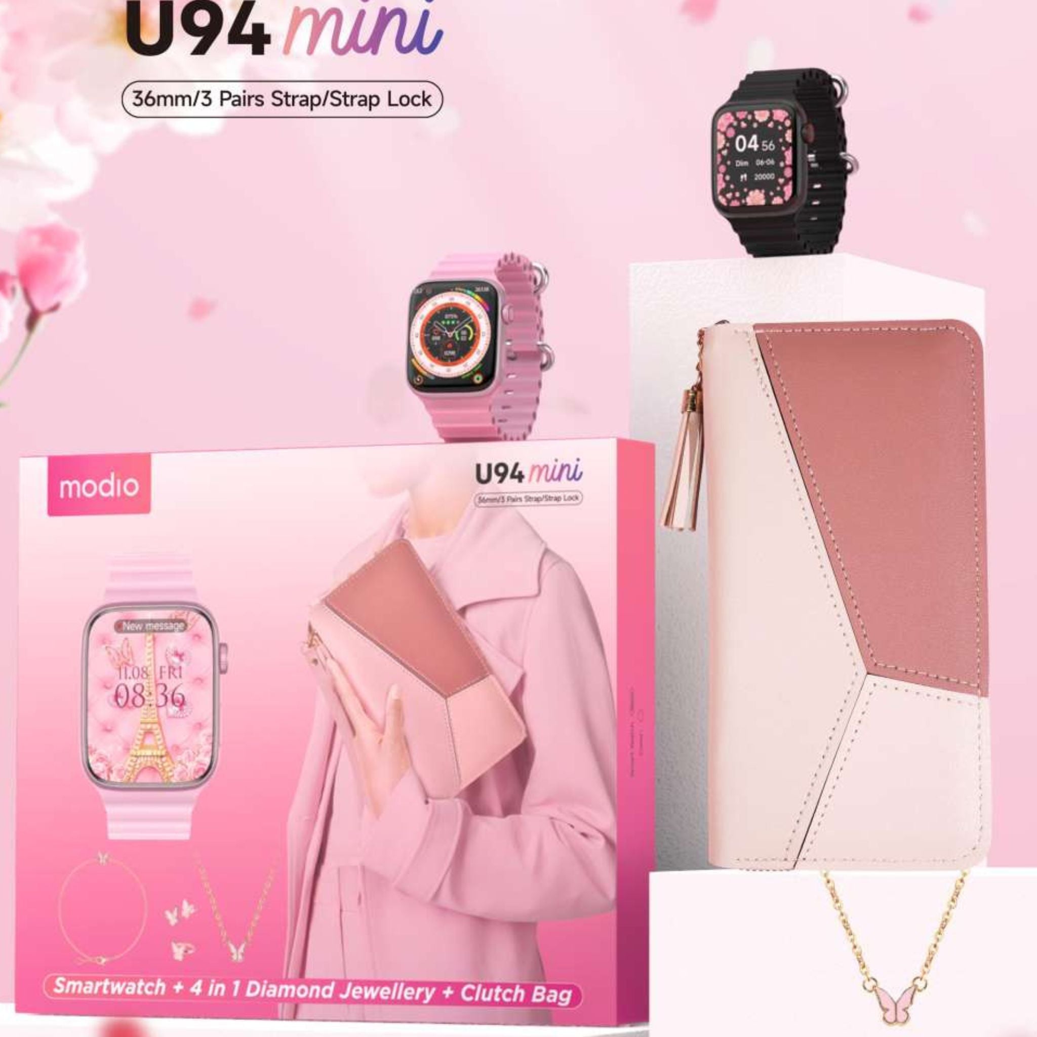 Modio U94 Mini Smartwatch (Diamond Jewellery+ Clutch Bag) 36mm/ 3 Pairs Strap/ Strap Lock