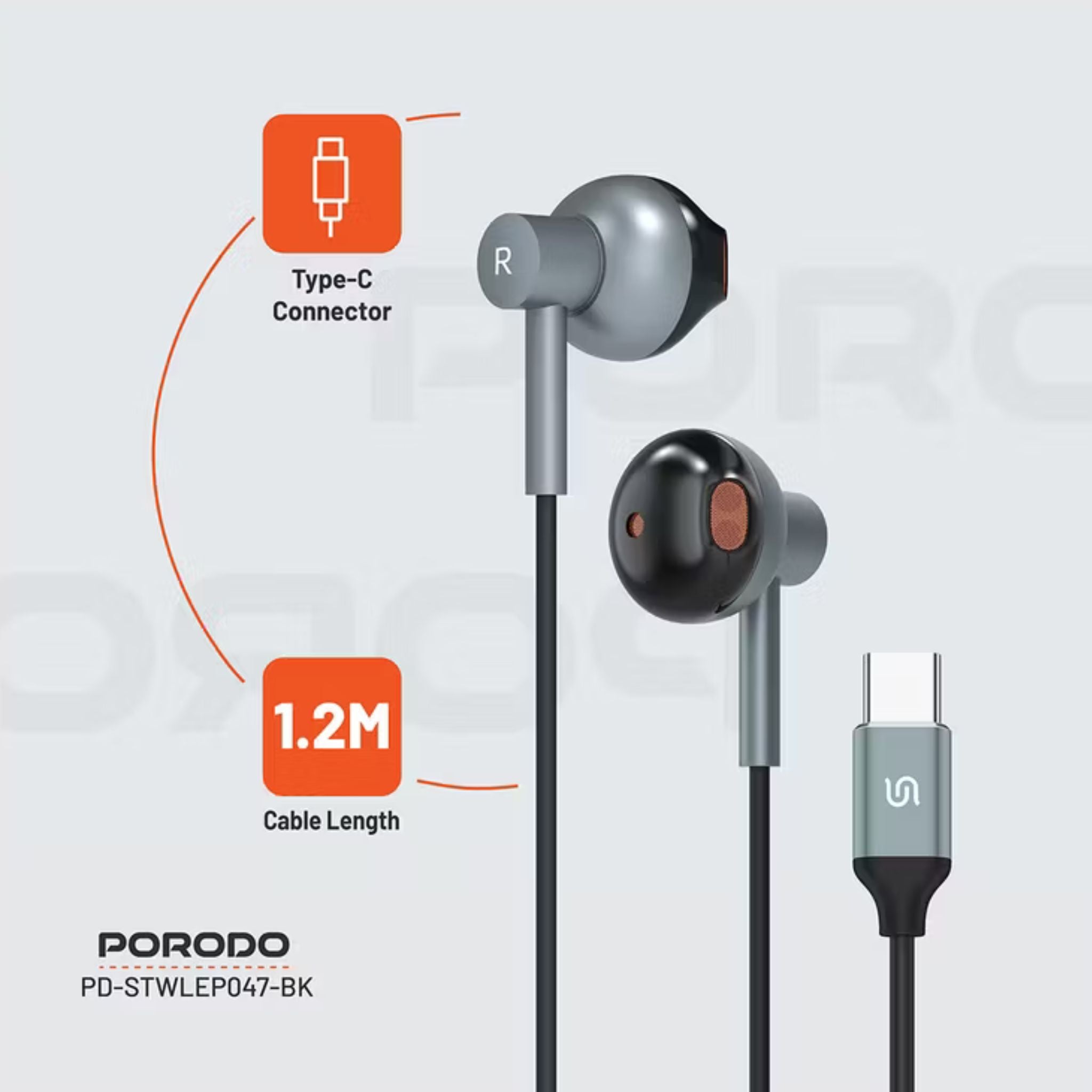Porodo Soundtec Stereo Earphones with High-Clarity Microphone, Crisp Audio, Type-C Connector, Answer & Close Call, Three-Button Control - Black