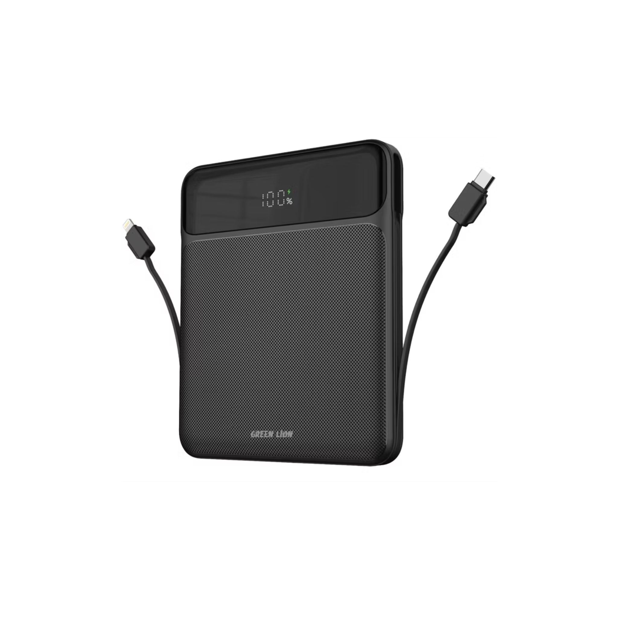Black power bank with charging cables on a white background
