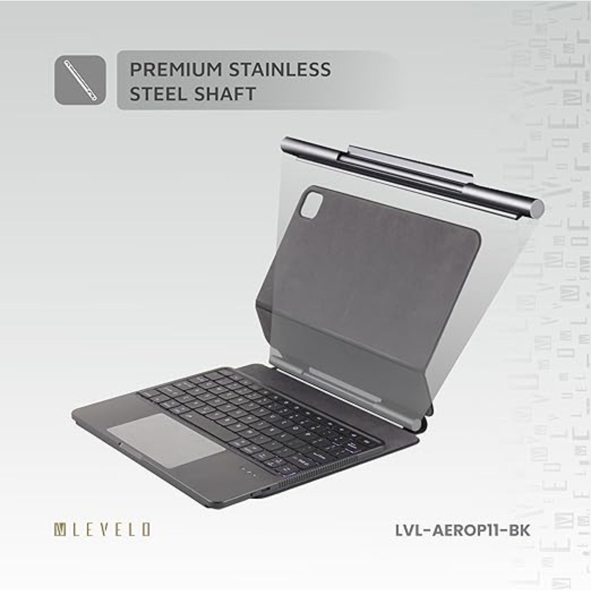 Levelo AeroBoard Pro Saffiano Leather Wireless Keyboard for iPad Pro 11", 4H Working Time, 500mAh Battery, Adjustable Angle Up to 130°, 10M Connection Distnace, Trackpad, 7 Color Light Mode - Black