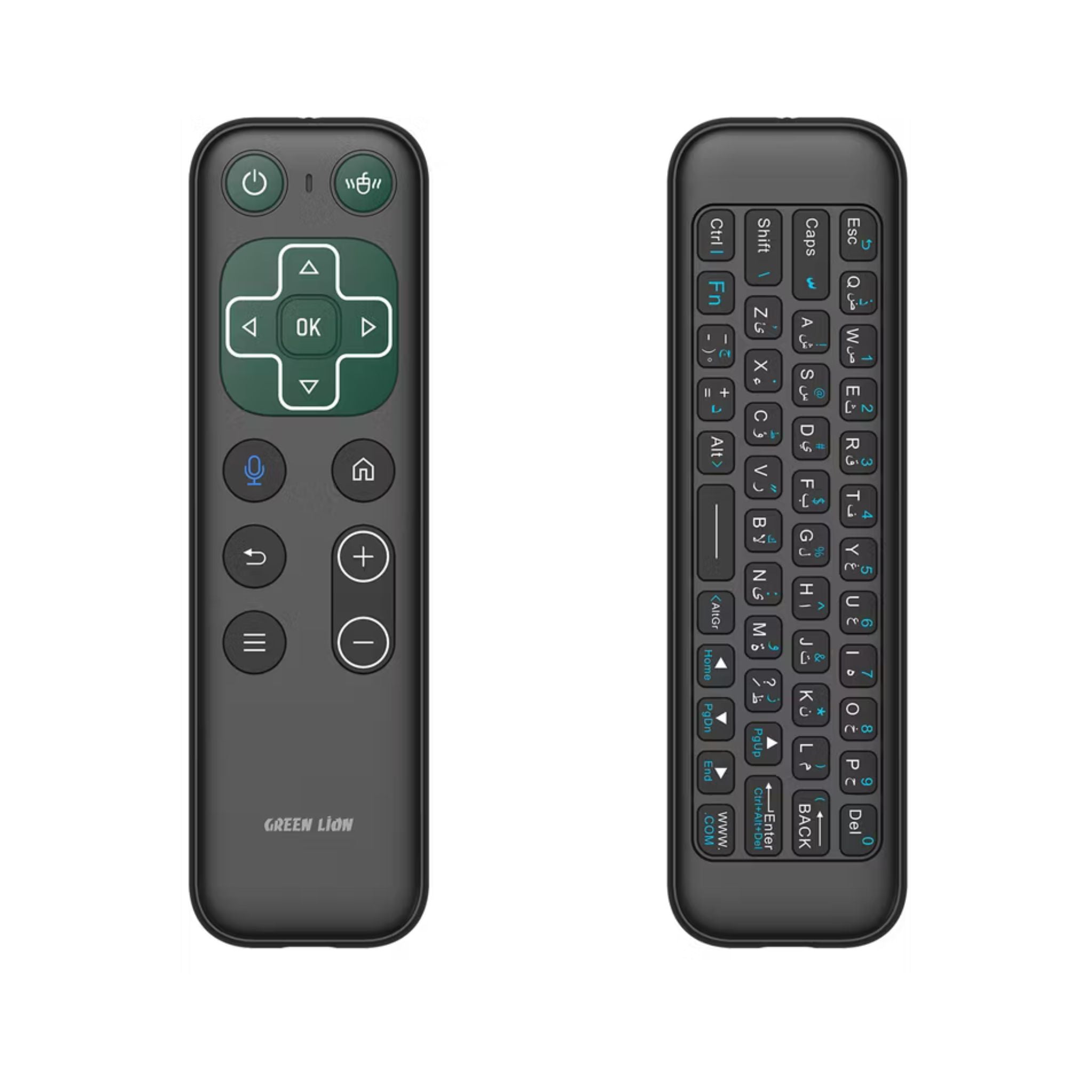 Black remote control with keyboard on a white background