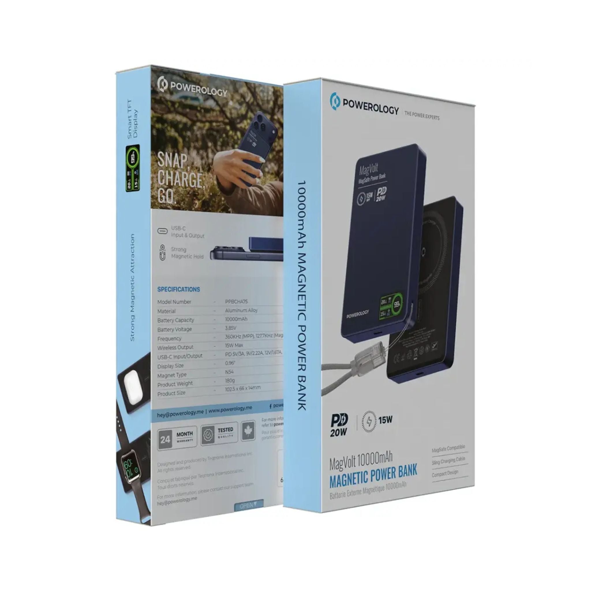 Powerology MagVolt 10000mAh Power Bank, 2.5W Watch Output, Up to 15W Phone Output, 20W Power Delivery, Ultra-Slim Design, Smart TFT Display, N54 MagSafe Compatible - Blue