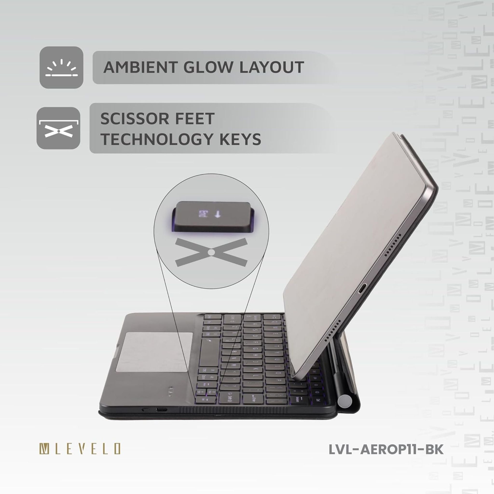 Levelo AeroBoard Pro Saffiano Leather Wireless Keyboard for iPad Pro 11", 4H Working Time, 500mAh Battery, Adjustable Angle Up to 130°, 10M Connection Distnace, Trackpad, 7 Color Light Mode - Black