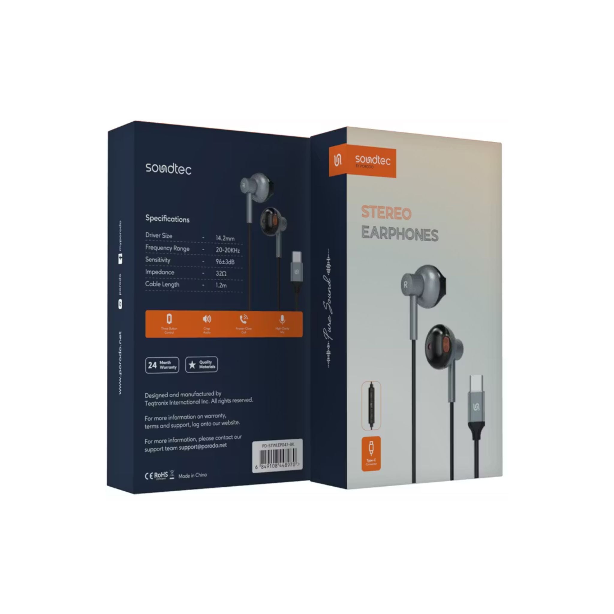 Porodo Soundtec Stereo Earphones with High-Clarity Microphone, Crisp Audio, Type-C Connector, Answer & Close Call, Three-Button Control - Black