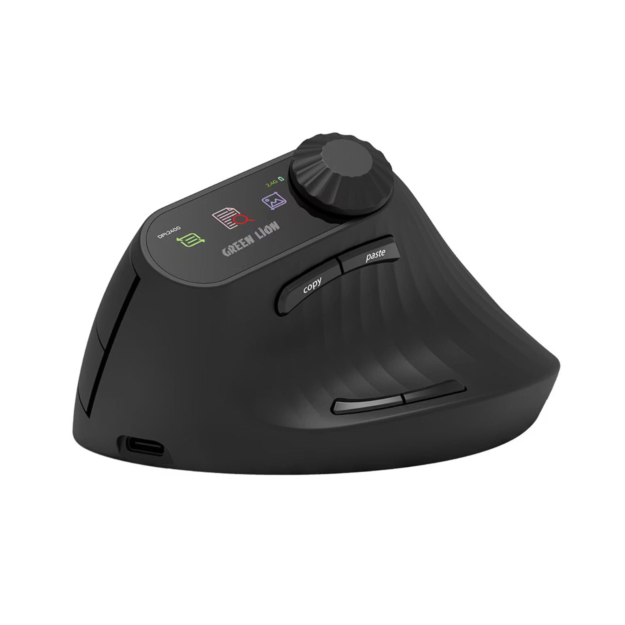 Green Lion Smart OLED Vertical Mouse with Ergonomic Design, Multi-Function Knob, 65 Hours Working Time, Dual Mode Switching - Black