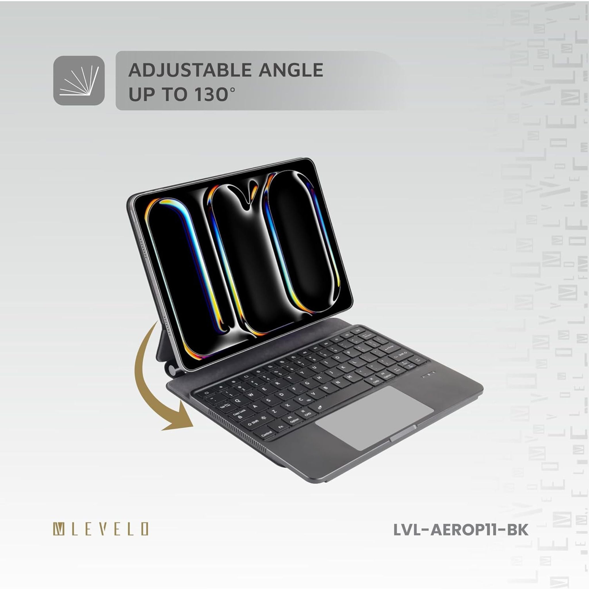 Levelo AeroBoard Pro Saffiano Leather Wireless Keyboard for iPad Pro 11", 4H Working Time, 500mAh Battery, Adjustable Angle Up to 130°, 10M Connection Distnace, Trackpad, 7 Color Light Mode - Black