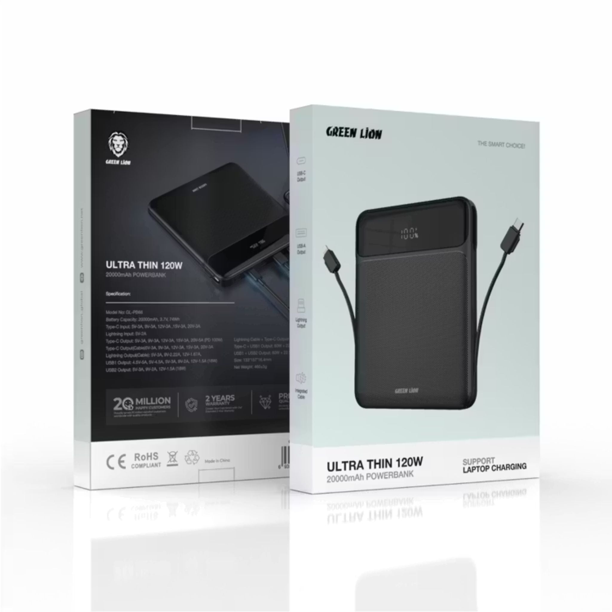 Green Lion Ultra-Thin 120W 20000mAh Power Bank, Lightning & Type-C Integrated Cables, Supports Laptop Charging, LED Digital Display - Black