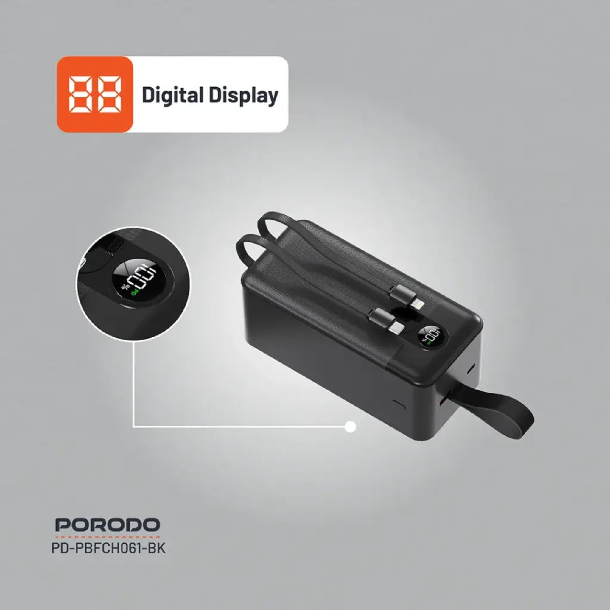 Porodo 50000mAh Power Bank with Built-in Type-C & Lightning Cables, 22.5W Power Delivery, Simultaneous Charging, 0%-60% Charge in 35 Minutes, Digital Display - Black