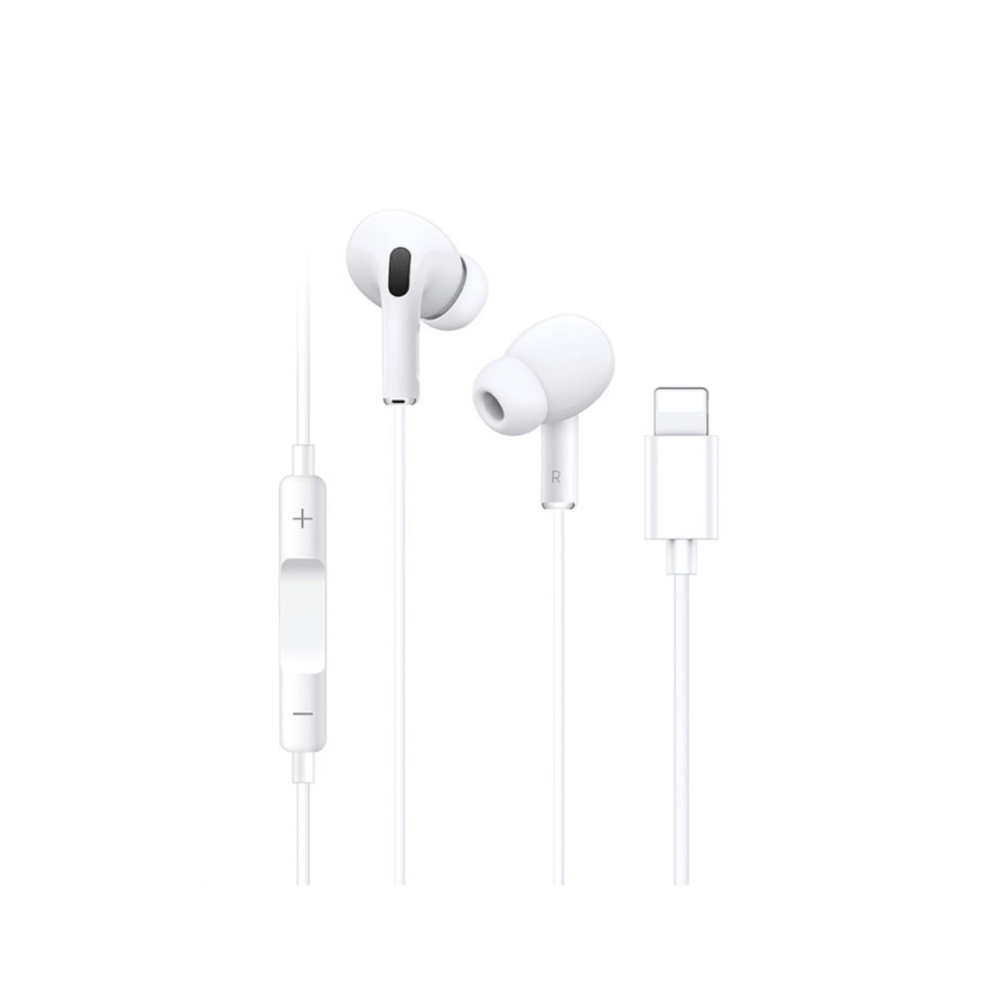 White earphones with remote and microphone on a white background
