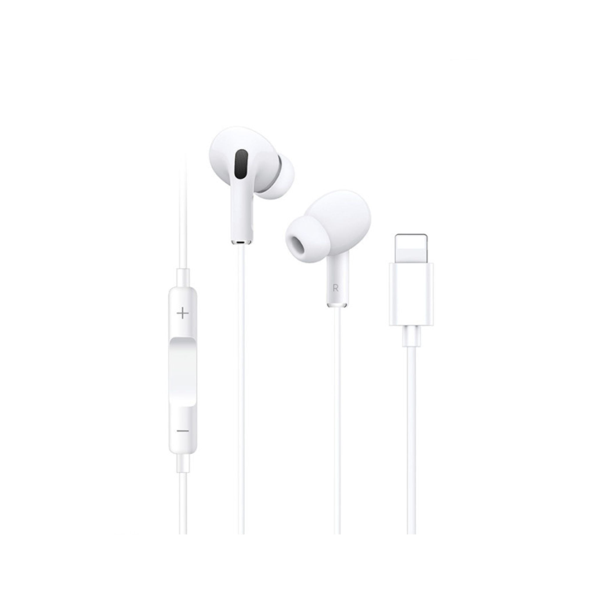 White earphones with remote and microphone on a white background