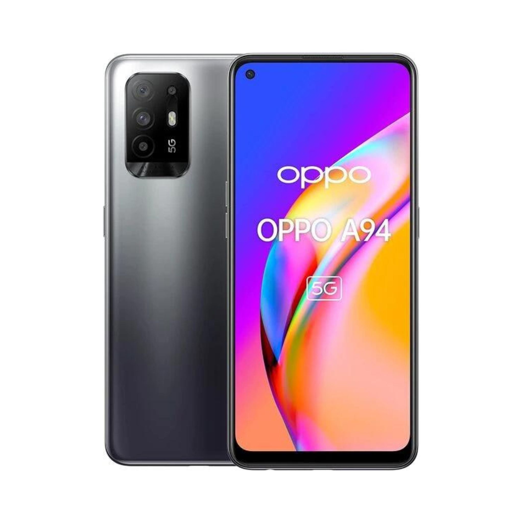 OPPO A94 smartphone in black color, showing the front screen display and rear camera setup.