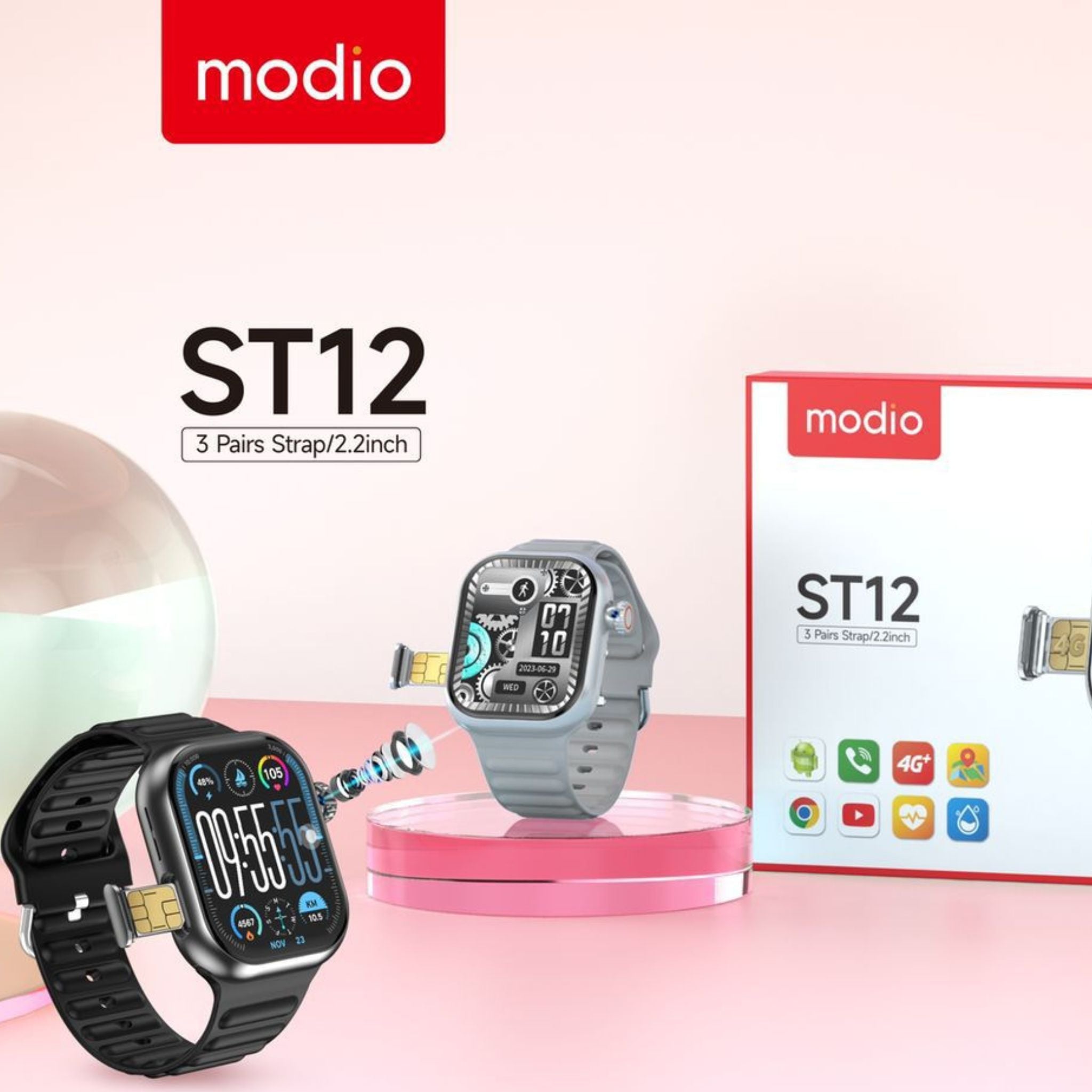 Modio ST12 4G Network 3 Pairs Strap/2.2 inch Smartwatch- Silver