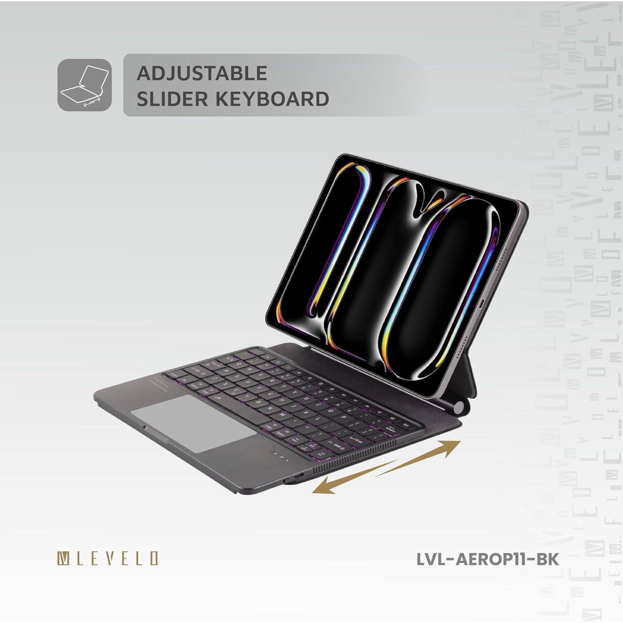 Levelo AeroBoard Pro Saffiano Leather Wireless Keyboard for iPad Pro 11", 4H Working Time, 500mAh Battery, Adjustable Angle Up to 130°, 10M Connection Distnace, Trackpad, 7 Color Light Mode - Black