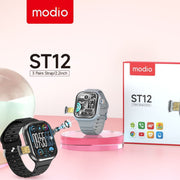 Modio ST12 smartwatch in black color with a 2.2 inch screen, accompanied by three pairs of straps, displayed alongside its packaging box.