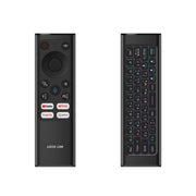 Black remote control with keyboard on a white background
