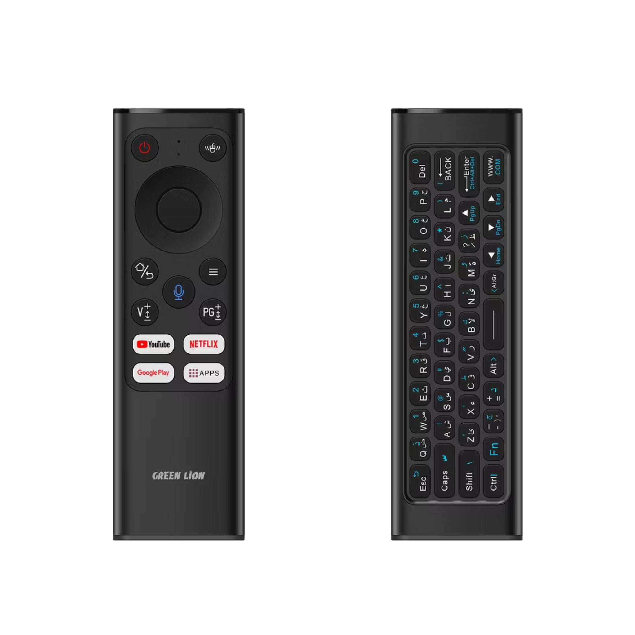 Black remote control with keyboard on a white background