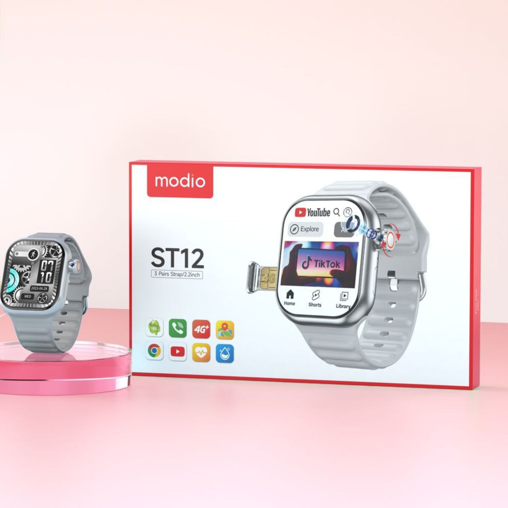 Modio ST12 4G Network 3 Pairs Strap/2.2 inch Smartwatch-Black