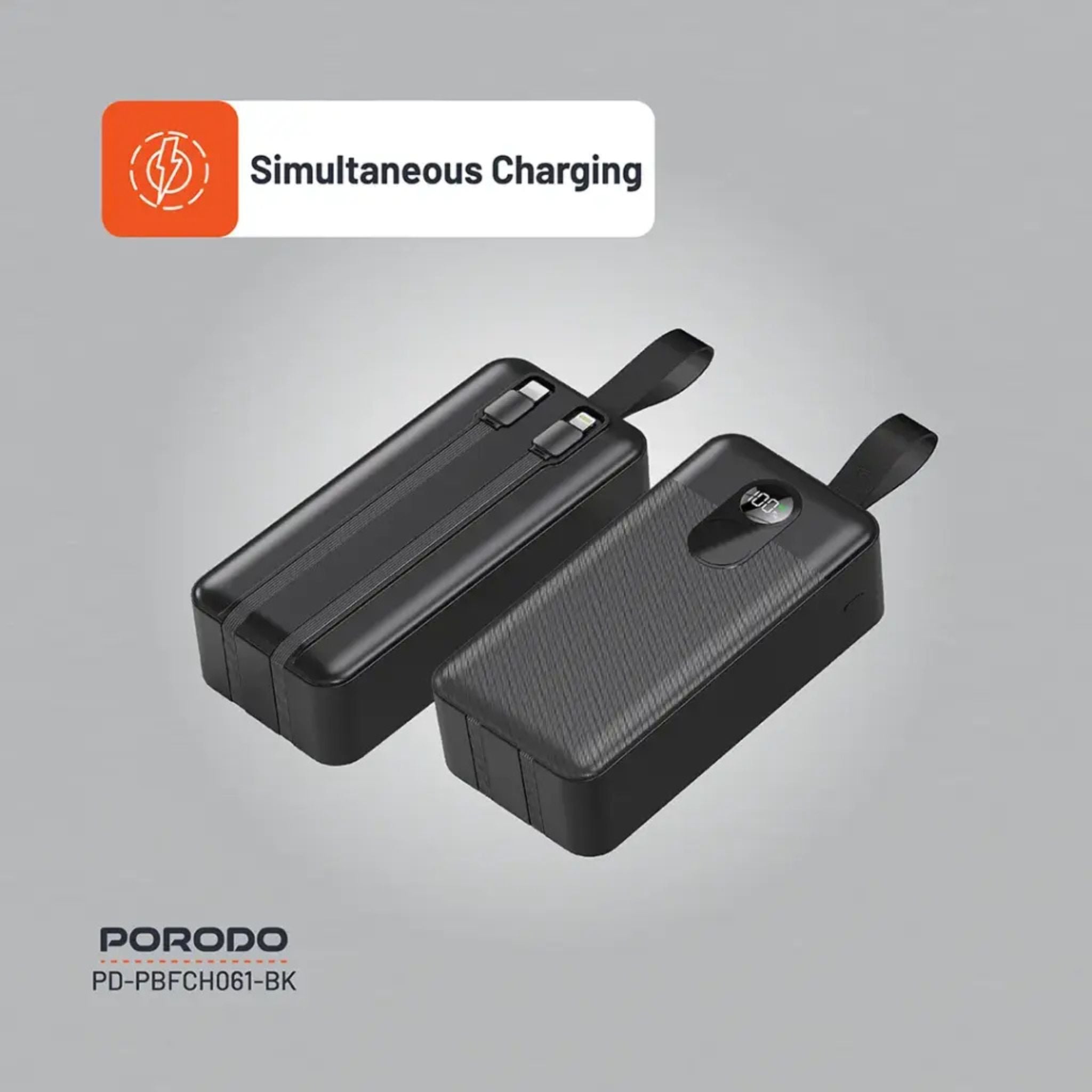 Porodo 50000mAh Power Bank with Built-in Type-C & Lightning Cables, 22.5W Power Delivery, Simultaneous Charging, 0%-60% Charge in 35 Minutes, Digital Display - Black