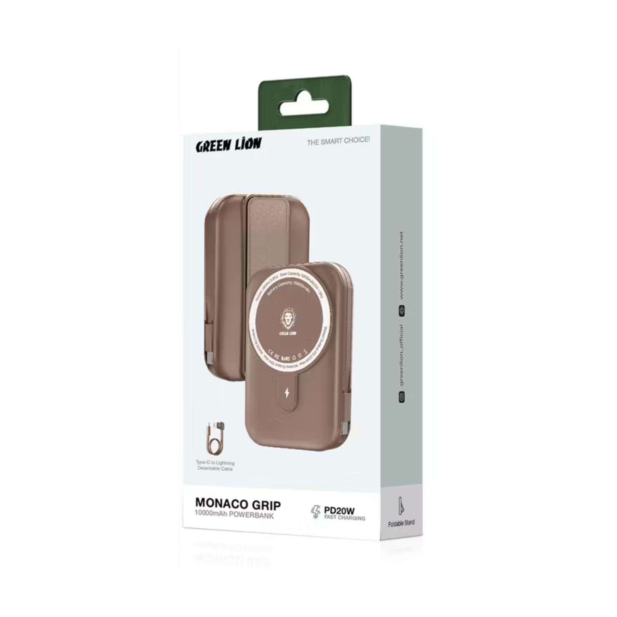 Green Lion Monaco Grip Power Bank with 10000mAh Battery Capacity, 15W Wireless Output, Built-in Type-C to Lightning Cable, 20W Power Delivery - Desert Titanium