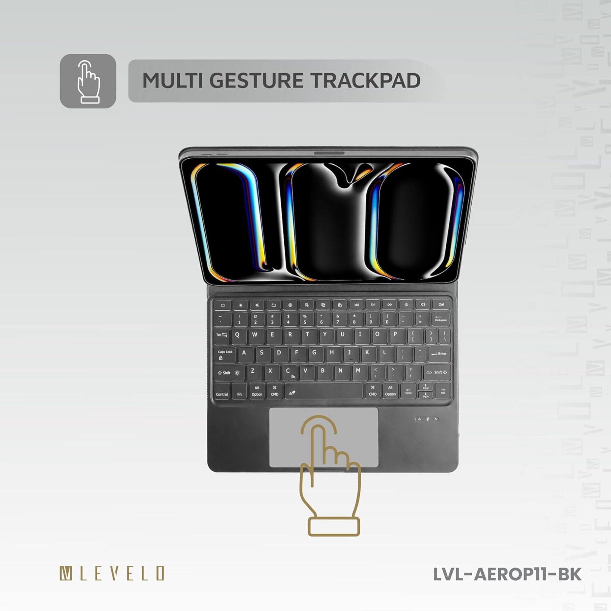 Levelo AeroBoard Pro Saffiano Leather Wireless Keyboard for iPad Pro 11", 4H Working Time, 500mAh Battery, Adjustable Angle Up to 130°, 10M Connection Distnace, Trackpad, 7 Color Light Mode - Black