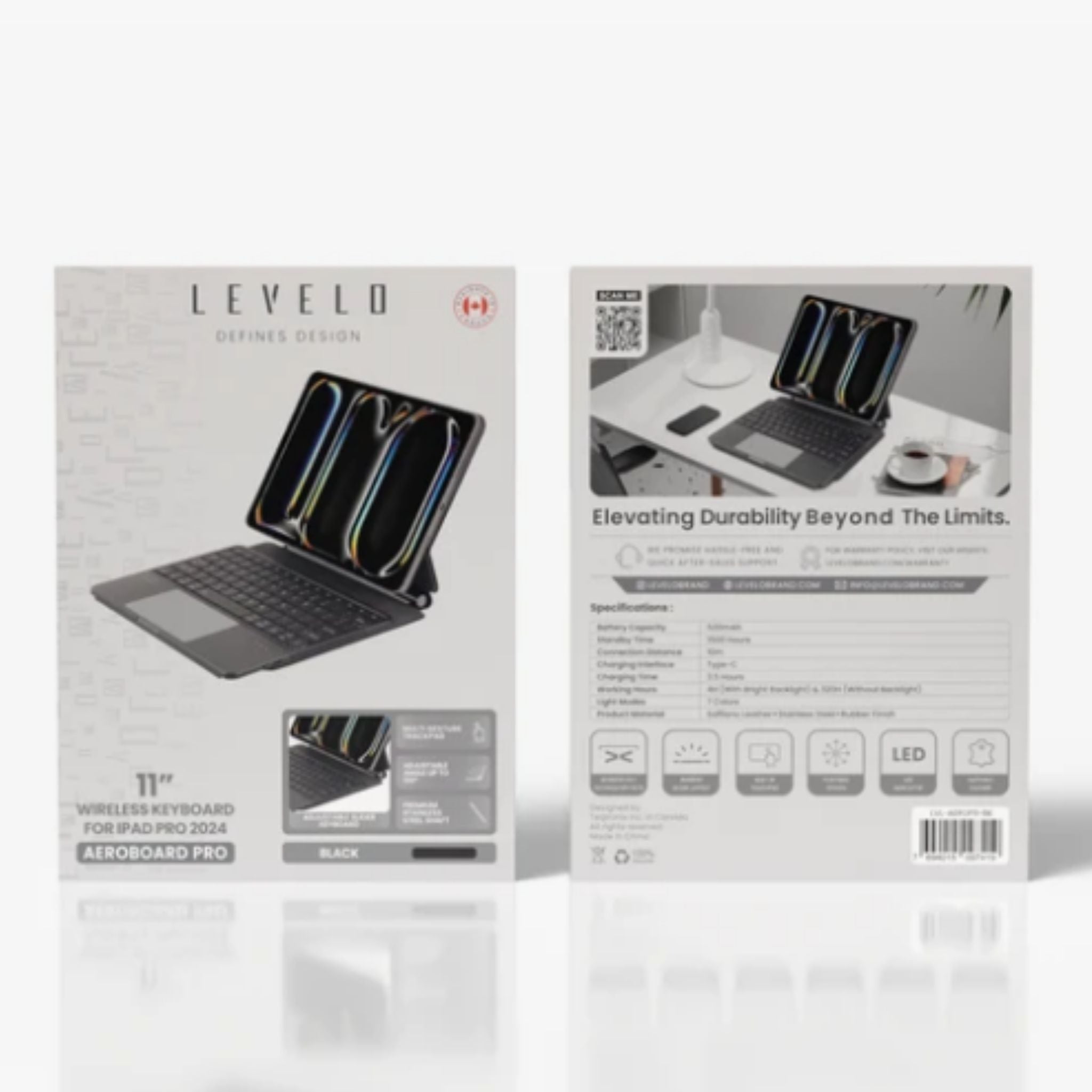 Levelo AeroBoard Pro Saffiano Leather Wireless Keyboard for iPad Pro 11", 4H Working Time, 500mAh Battery, Adjustable Angle Up to 130°, 10M Connection Distnace, Trackpad, 7 Color Light Mode - Black