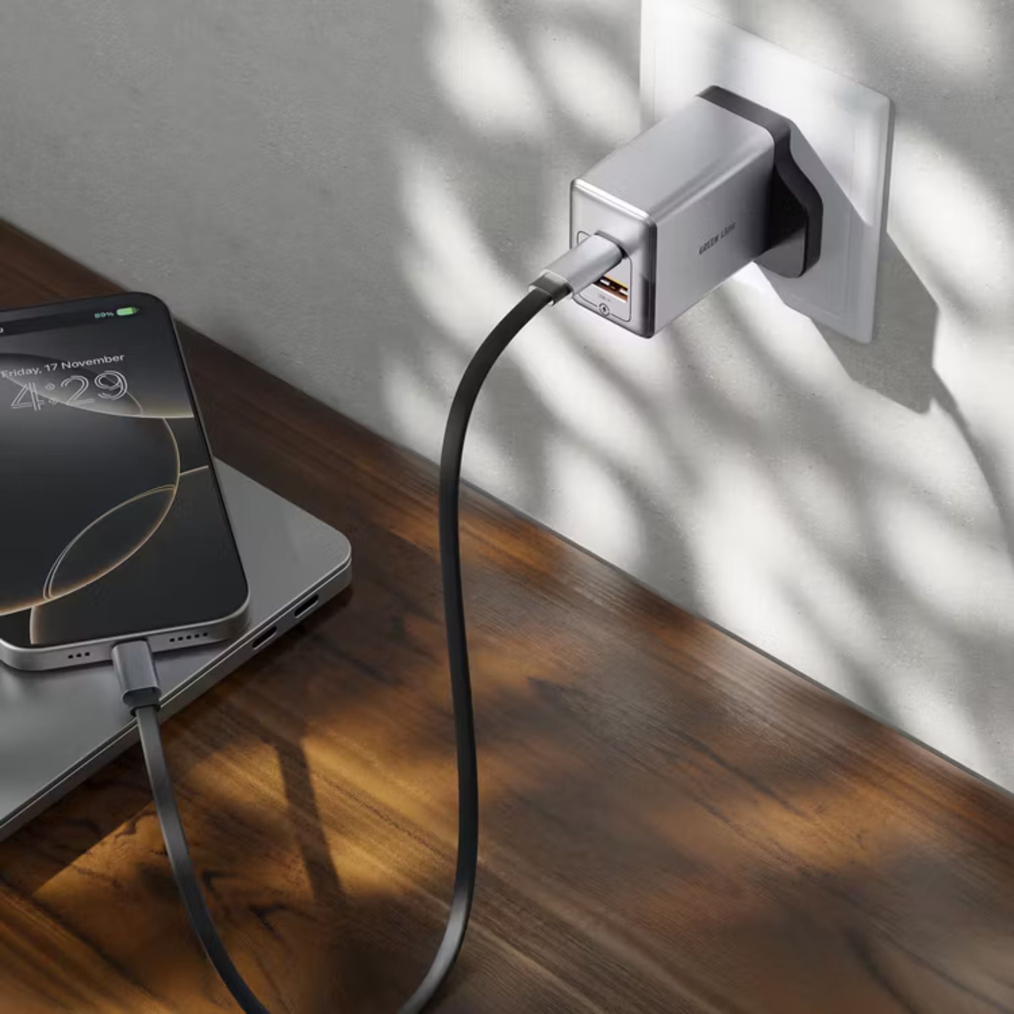 Green Lion GaN UK Plug Wall Charger with 35W Power Delivery, 0%-50% Charge in 30 Minutes, PC Flame Retardant Material, Multiple Protection, USB-C & USB-A Ports - Gray