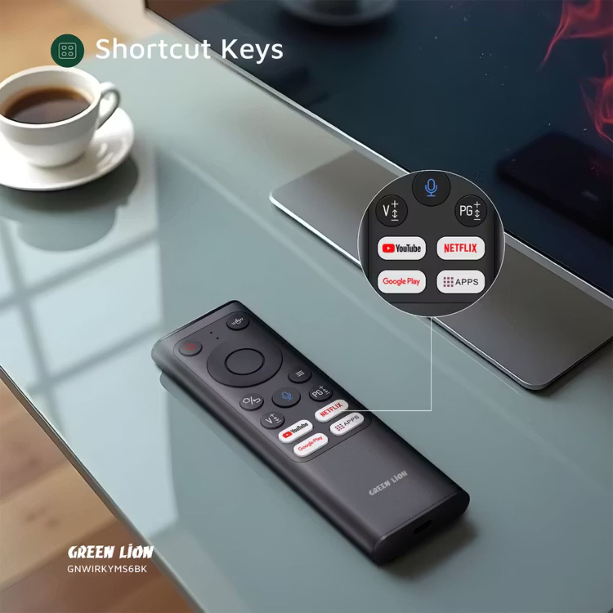 Green Lion Wireless Remote Pro with Keyboard and Mouse, 2.4G + Bluetooth Connectivity, 1200 DPI Resolution, Type-C Charging Port, Voice Assistant, 61 Keyboard Keys, 300mAh battery Capacity, Mini Keyboard – Black