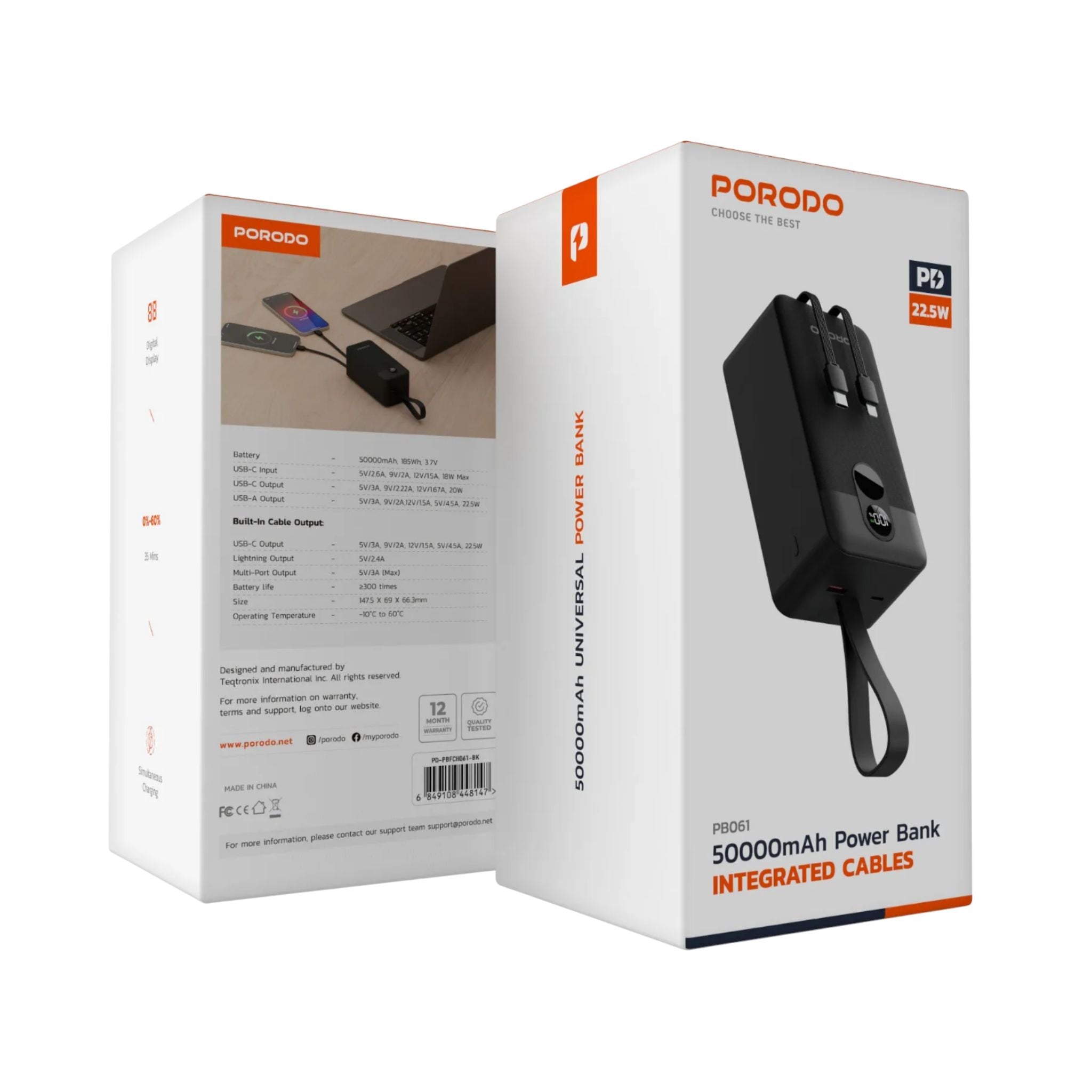 Porodo 50000mAh Power Bank with Built-in Type-C & Lightning Cables, 22.5W Power Delivery, Simultaneous Charging, 0%-60% Charge in 35 Minutes, Digital Display - Black