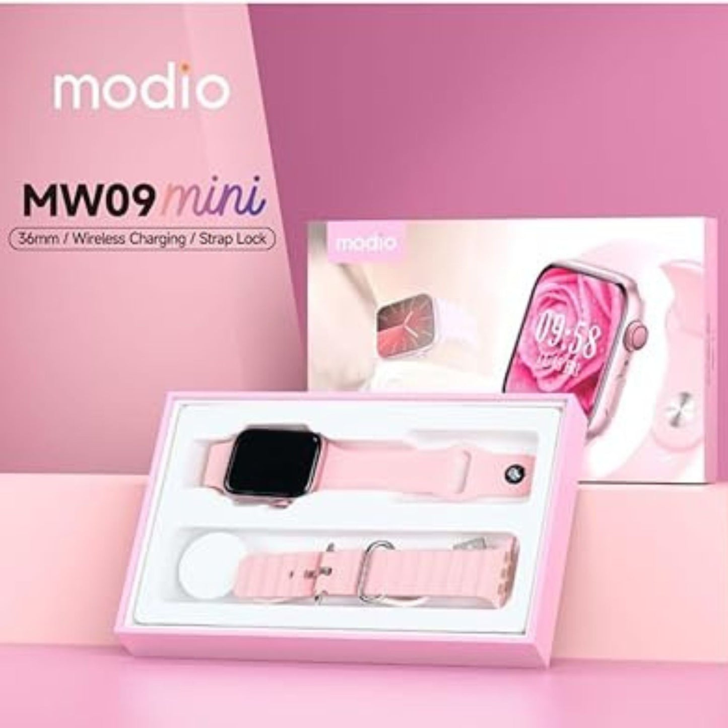 Modio MW09 Mini 36MM Smartwatch Bundle: Includes 2 Pairs of Straps and a Wireless Charger, Perfect for Ladies and Girls in Pink