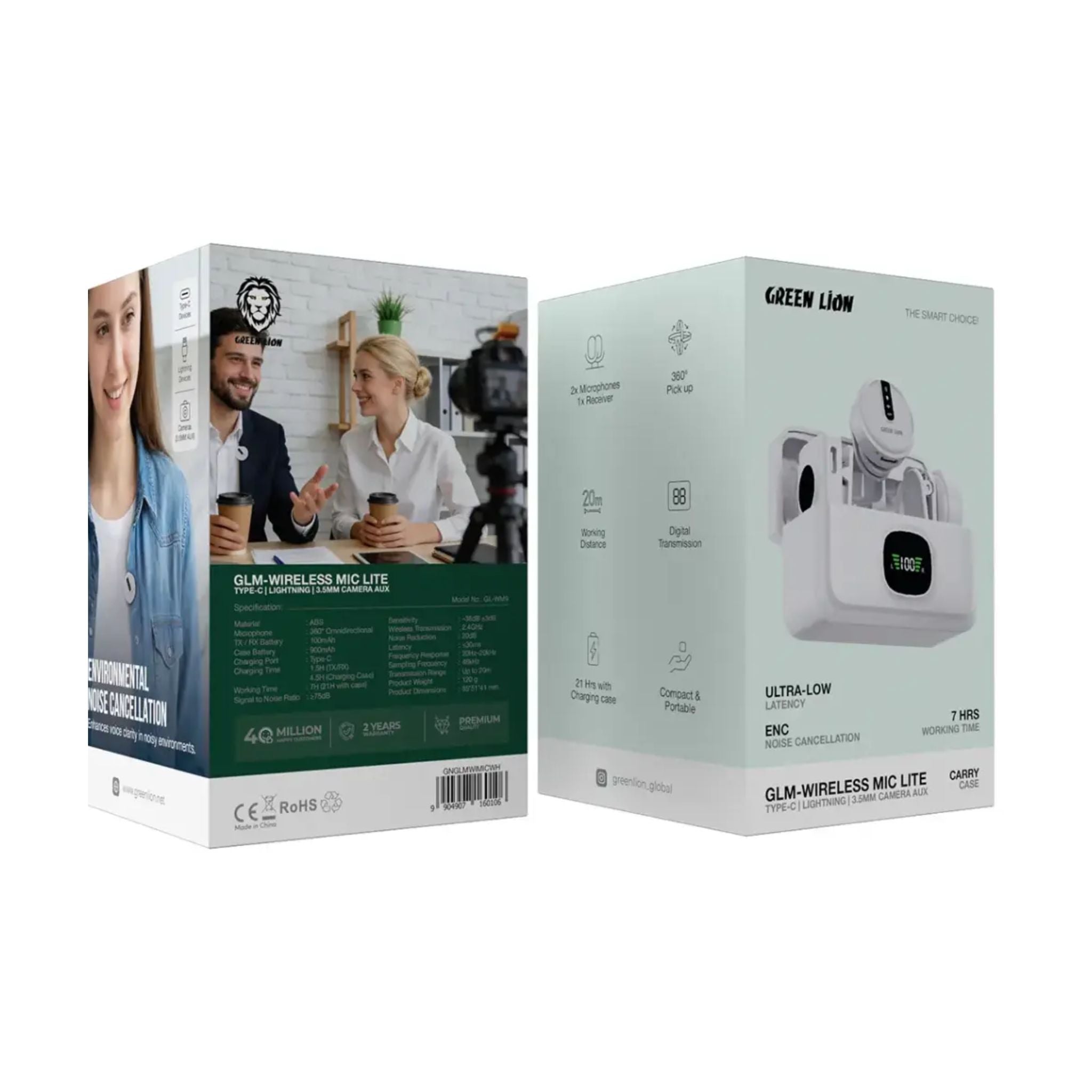 Green Lion GLM-Wireless Mic Lit with Type-C & Lightning Cable & 3.5mm Camera Aux - White