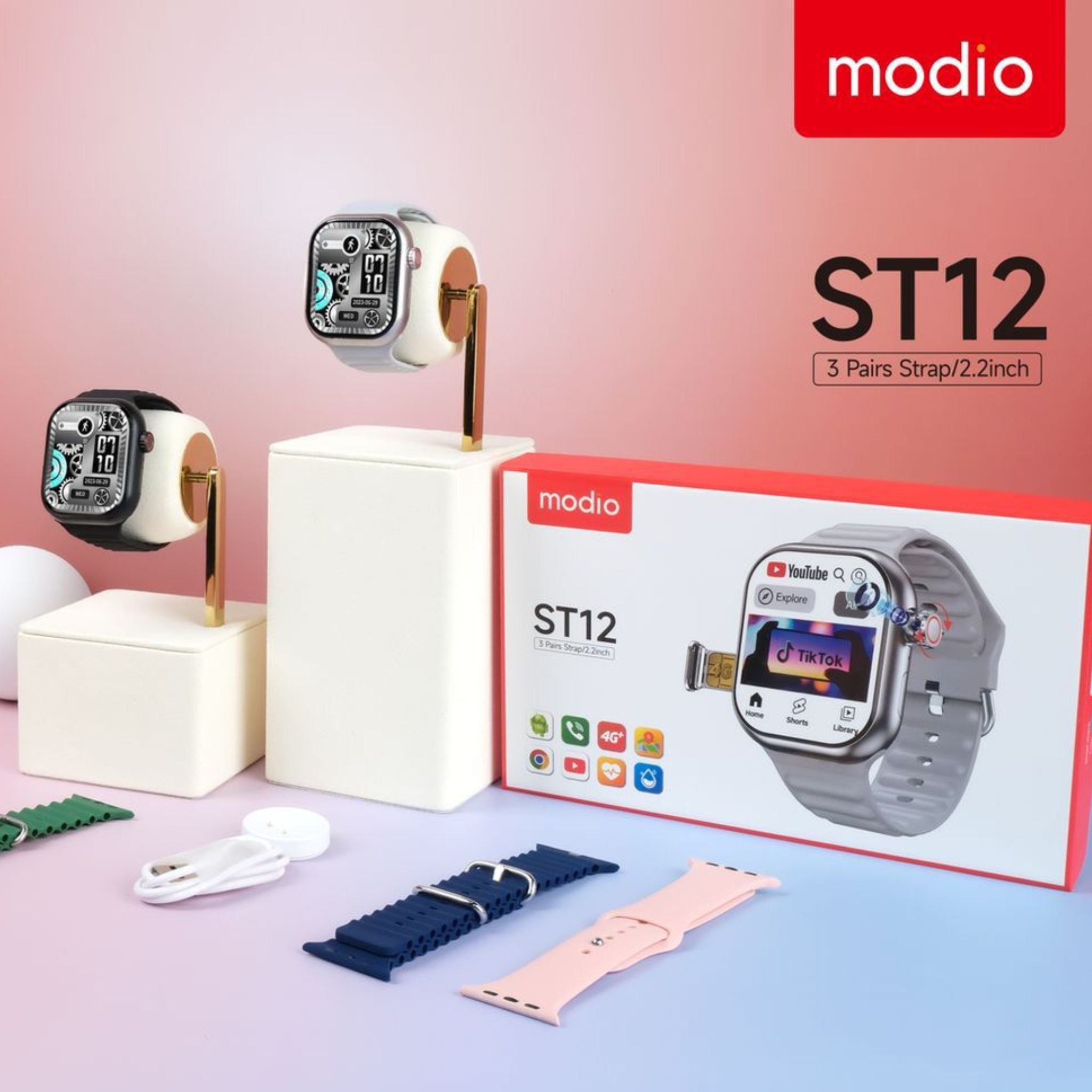 Modio ST12 4G Network 3 Pairs Strap/2.2 inch Smartwatch-Black