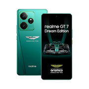 Realme GT 7 Dream Edition phone with Aston Martin and Aramco branding on a white background