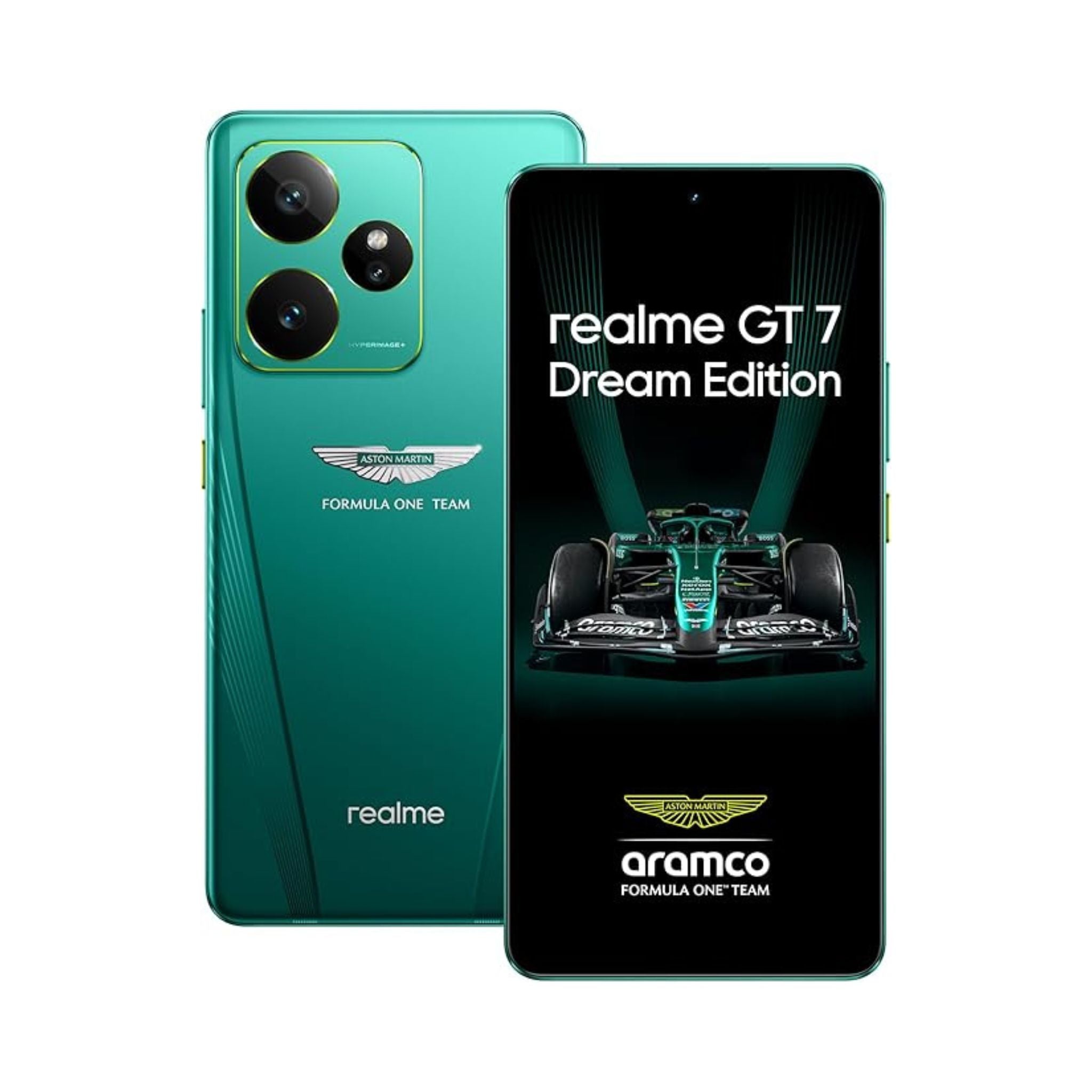 Realme GT 7 Dream Edition phone with Aston Martin and Aramco branding on a white background