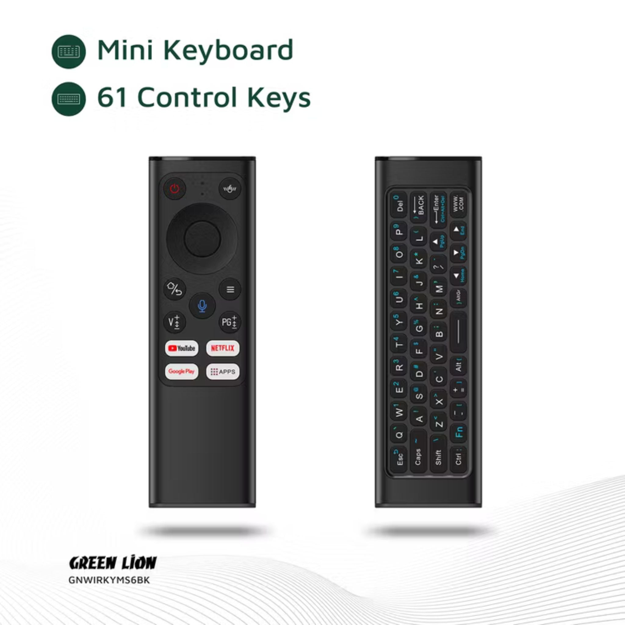 Green Lion Wireless Remote Pro with Keyboard and Mouse, 2.4G + Bluetooth Connectivity, 1200 DPI Resolution, Type-C Charging Port, Voice Assistant, 61 Keyboard Keys, 300mAh battery Capacity, Mini Keyboard – Black