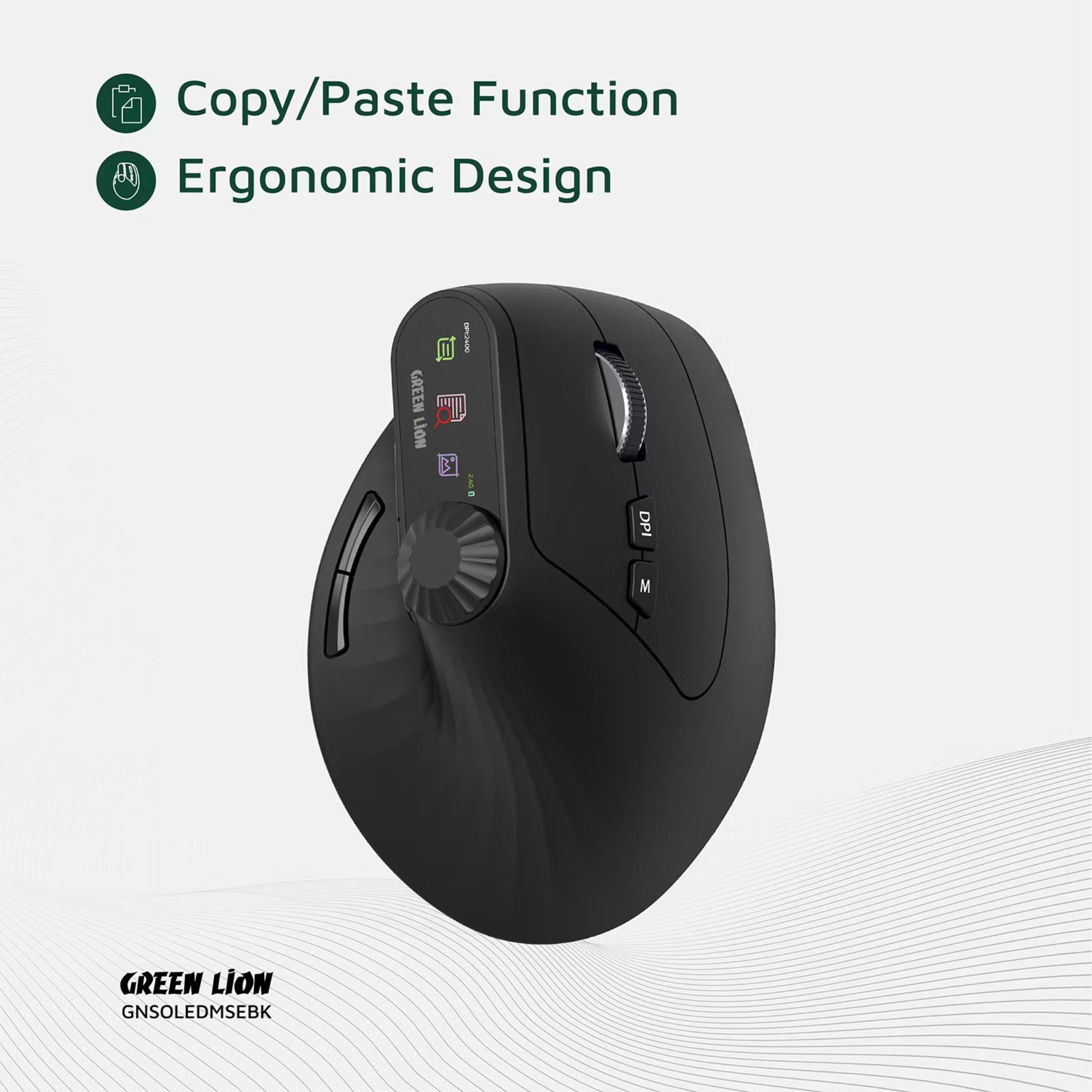 Green Lion Smart OLED Vertical Mouse with Ergonomic Design, Multi-Function Knob, 65 Hours Working Time, Dual Mode Switching - Black