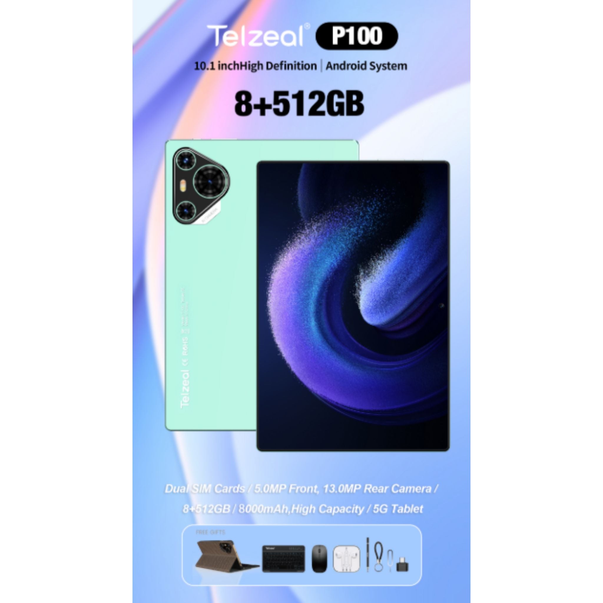 Telzeal P100 10.1 Inch Android 13 Tablet with 5G WiFi and Dual SIM 8GB RAM 512GB ROM 8000 mAh High Capacity Battery Wireless Keyboard and Mouse Green