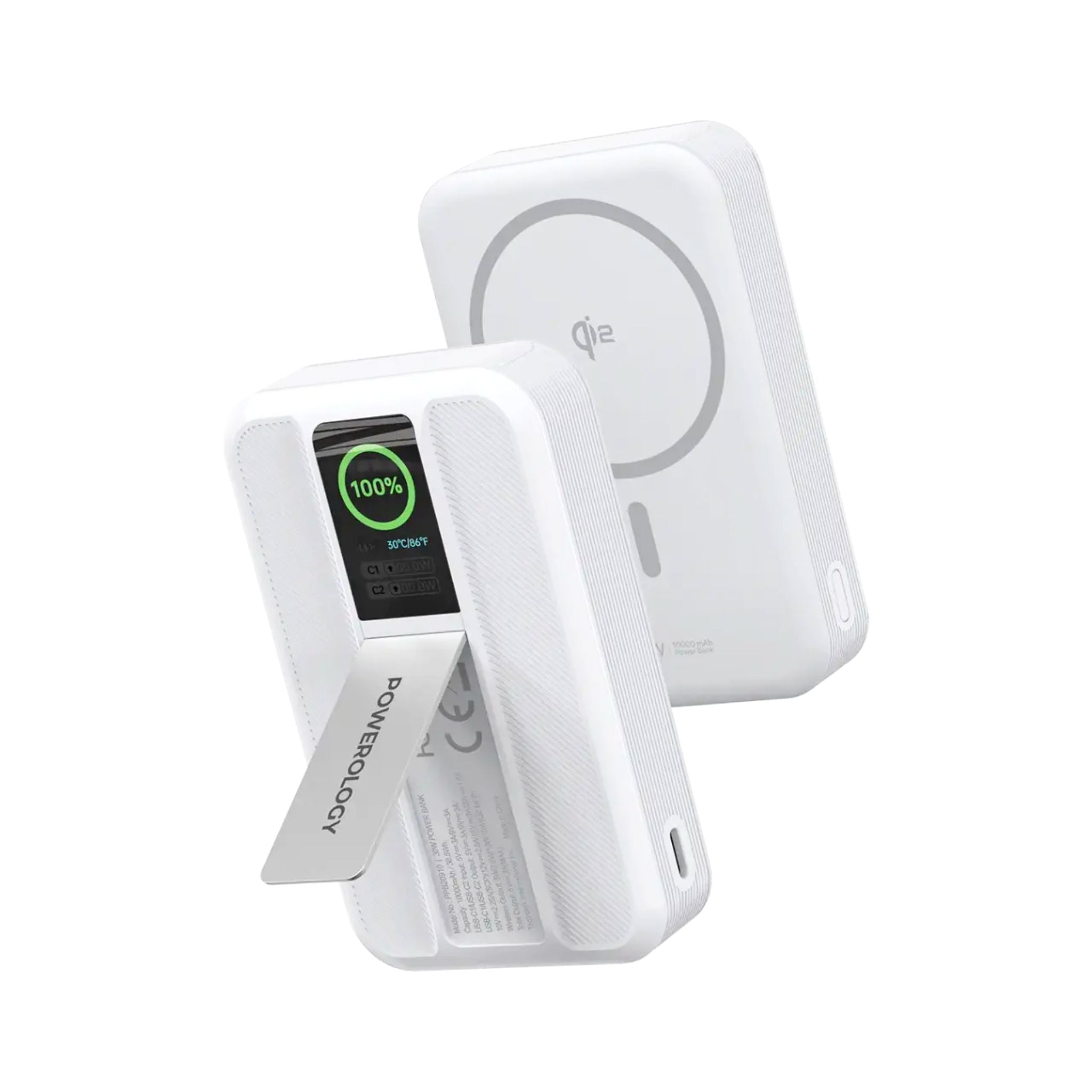 Powerology Vision 10000mAh MagSafe Power Bank with PD 30W, Qi2 Technology, Dual USB-C Ports, Strong Magnetic Holder, Built-in Kickstand, Smart Screen Display - White