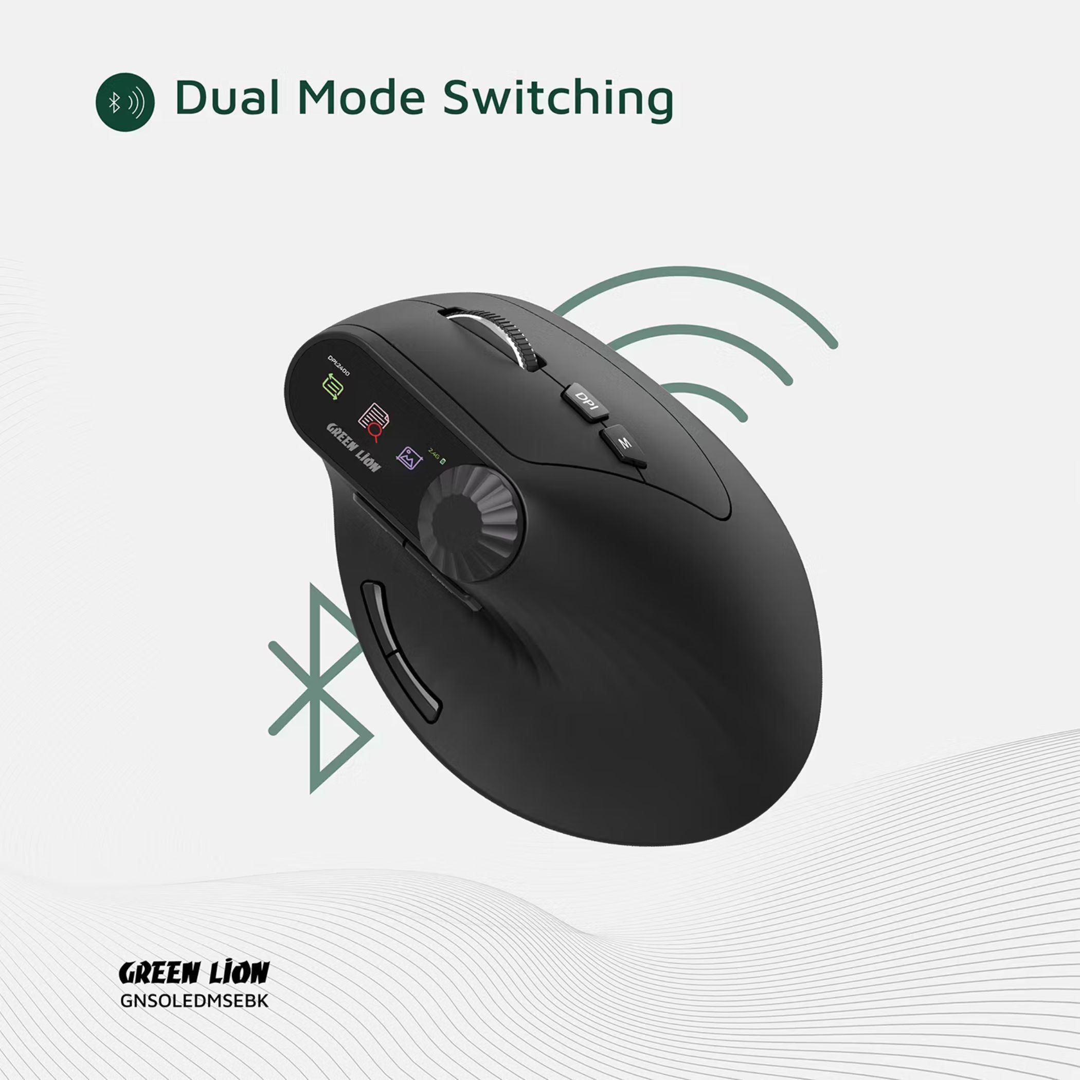 Green Lion Smart OLED Vertical Mouse with Ergonomic Design, Multi-Function Knob, 65 Hours Working Time, Dual Mode Switching - Black