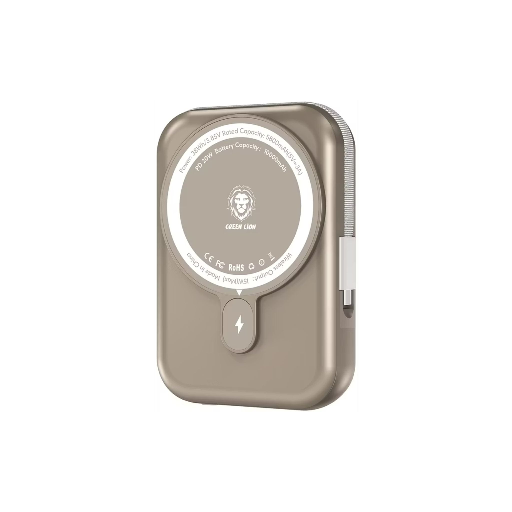 Green Lion 10000mAh Monaco MagSafe Power Bank with Built-in Type-C Cable, 20W Power Delivery, LCD Power Indicator, 15W Wireless Output, Smart Chip - Titanium Gold