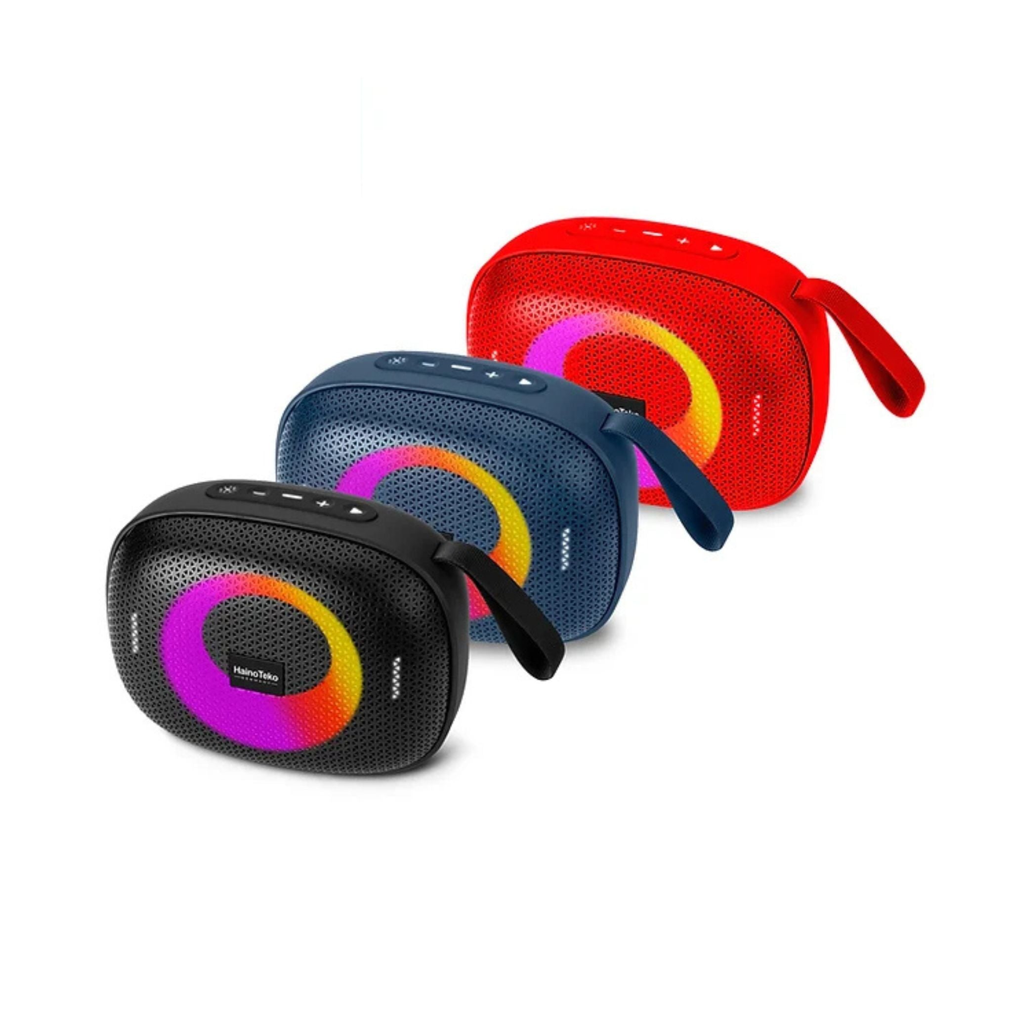 Three portable wireless Bluetooth speakers in black, red, and blue colors, displayed in a row with the brand name Haino Teko visible on each.